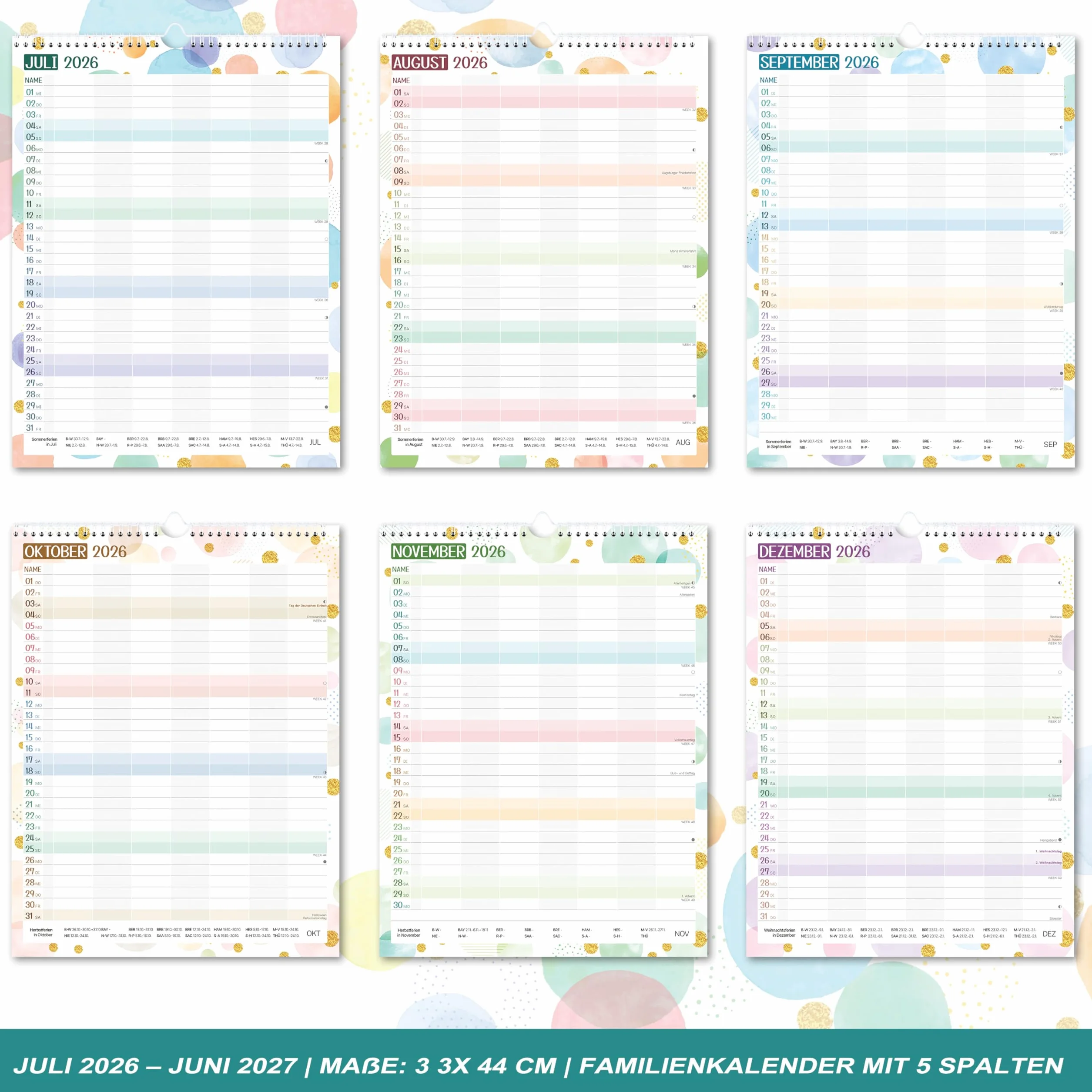 Planificateur familial 2026-2027 - Calendrier familial 7 colonnes juillet 2026 à décembre 2027 - 33 x 44 cm - Bulles colorées
