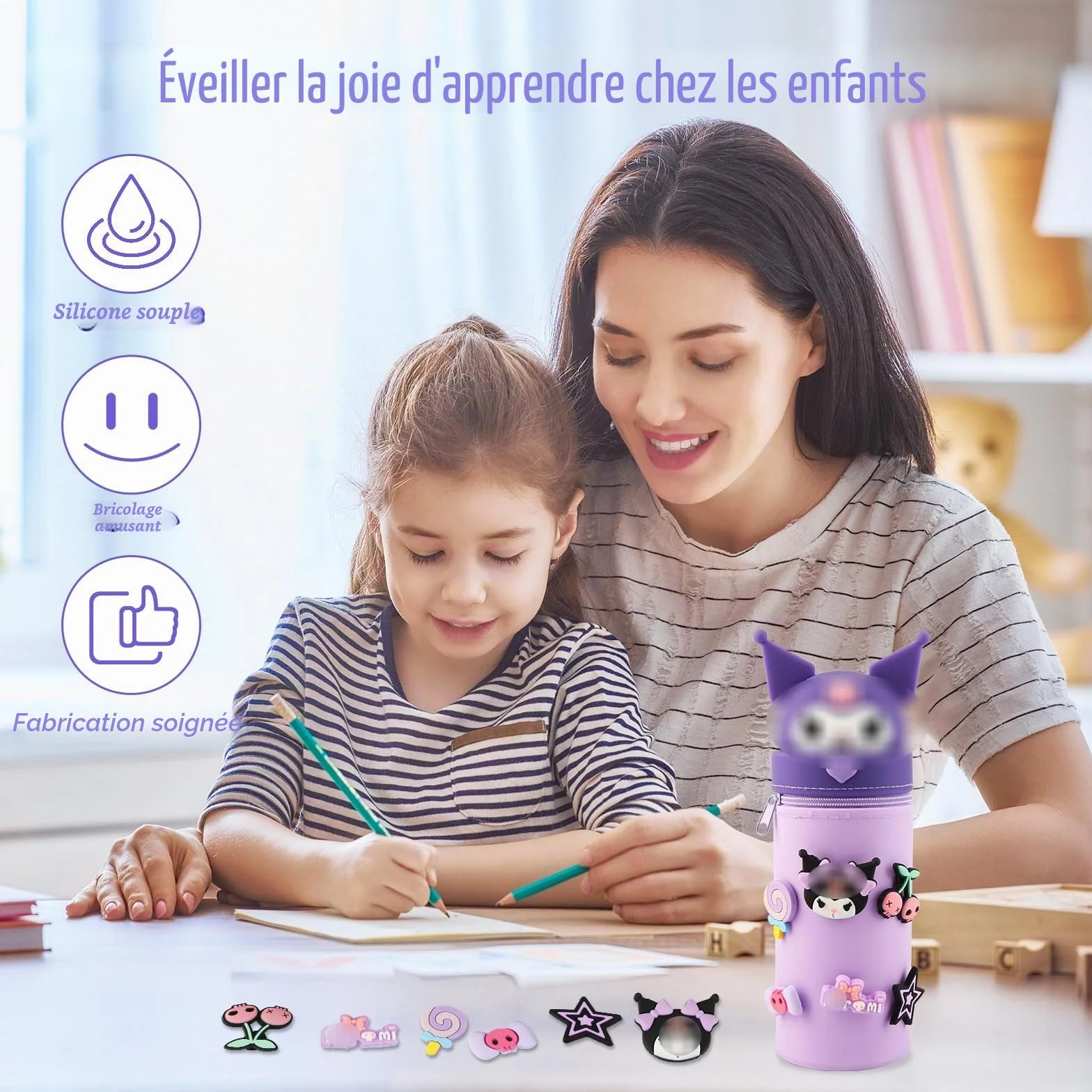 Kuro-m Trousse à Crayons en Silicone 2 en 1, Étui École Souple Zippée, Porte-stylos de Table