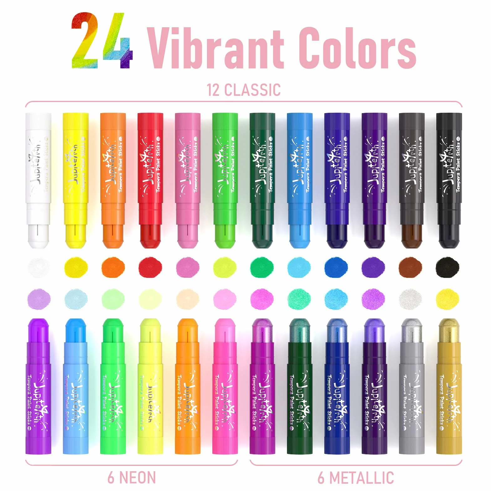 JUPITEARTH Bâtons de peinture à tempera 24 couleurs avec 120 pages coloriage PDF et 30 autocollants, peinture séchage rapide non toxique lavable pour enfants