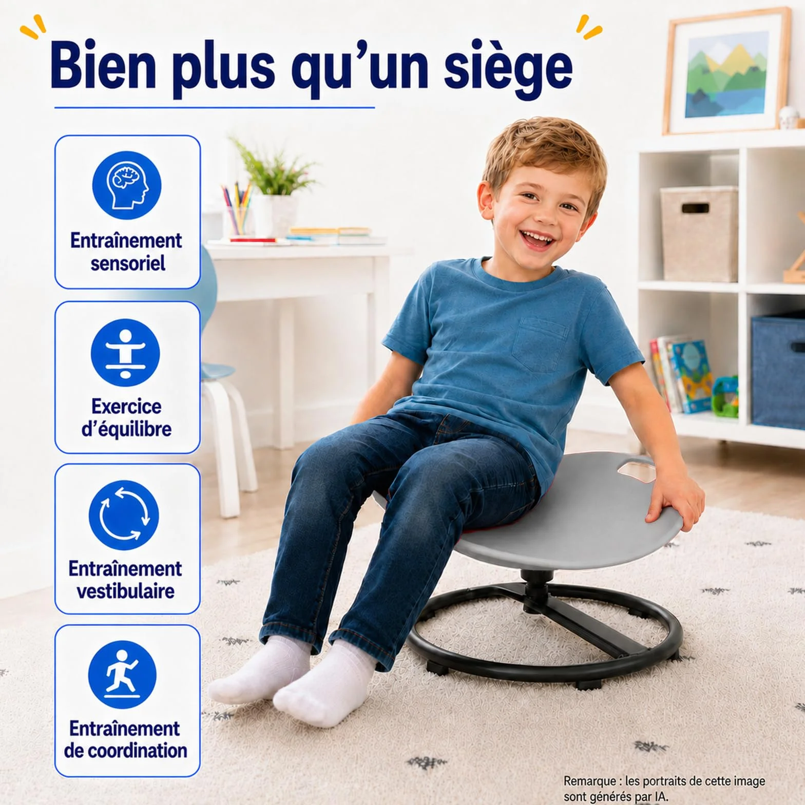 TopHomer Chaise d'équilibre rotative pour enfants – Siège pivotant 360° autisme TDAH, soulagement mal des transports, poignées sécurité base stable