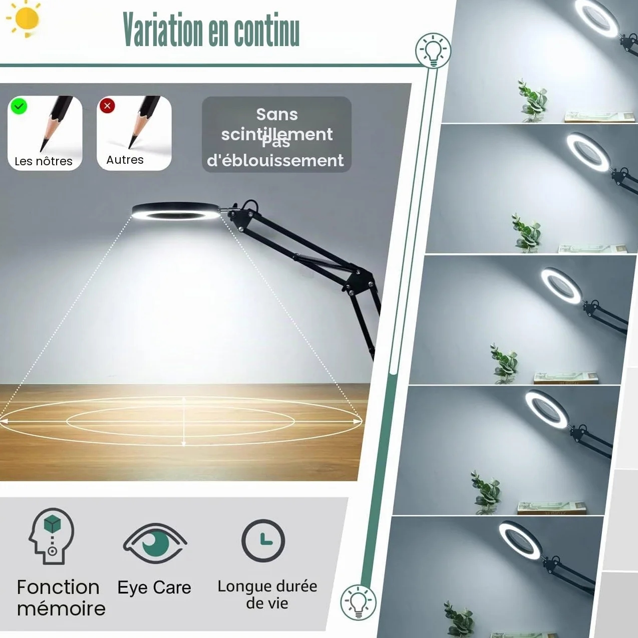 Lampe Loupe de Bureau avec LED 10X, Bras Pivotant Réglable, Pince Métal, 3 Modes Couleur, 10 Niveaux Luminosité