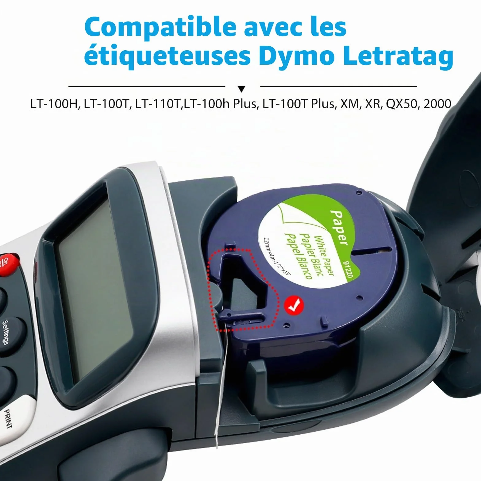 Ruban Compatible Dymo LetraTag 12mm x 4m Noir sur Blanc pour Étiqueteuse LT-100H LT-100T