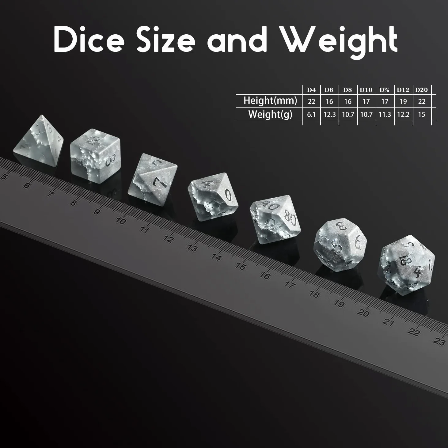 Lot de 7 dés DND en verre craquelé en zircon noir avec excellent étui cadeau pour jeu de table Donjons DND et dragon (verre noir avec chiffres rasés)