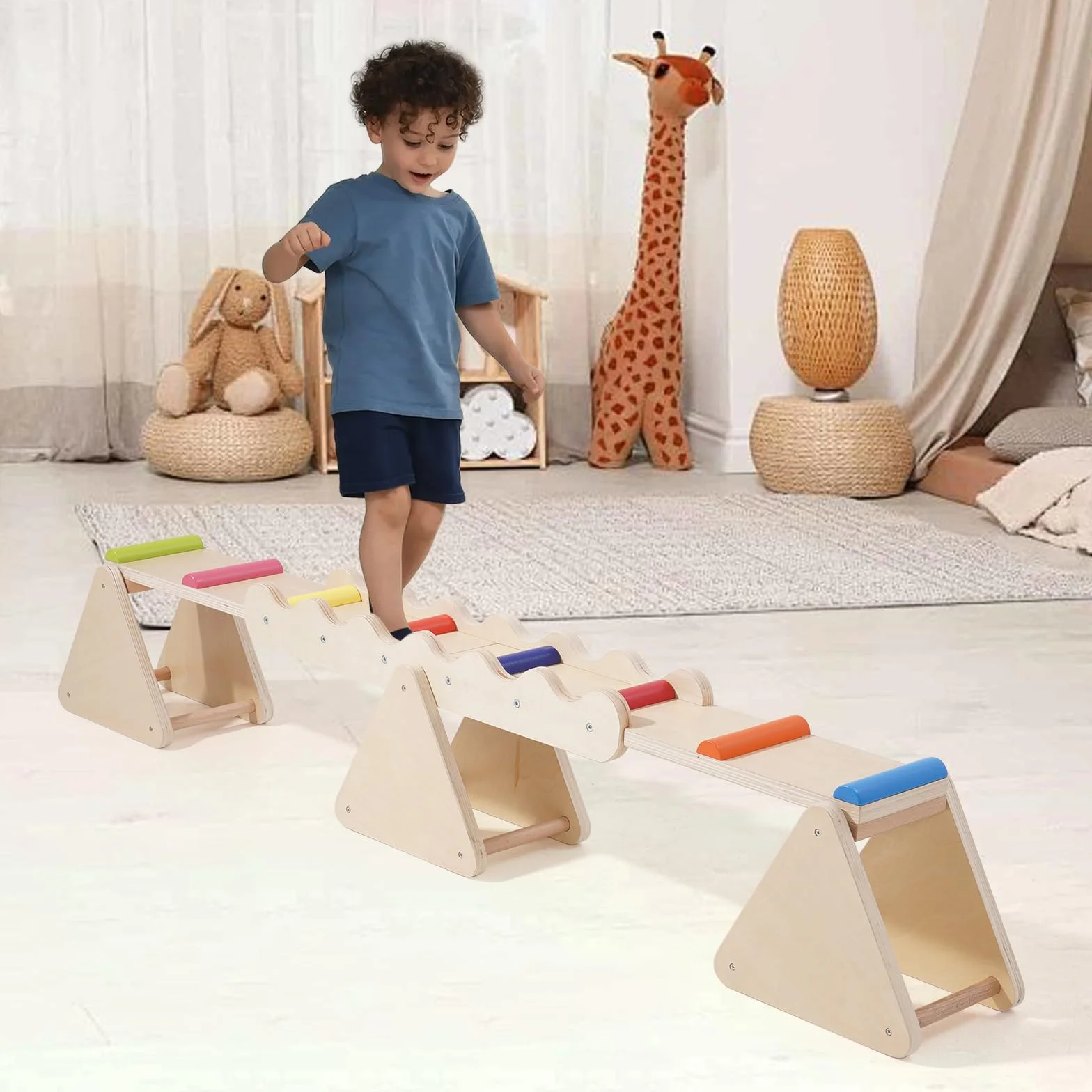 Poutre d'équilibre 2 en 1 en bois pour enfants, bascule et balançoire intérieur extérieur