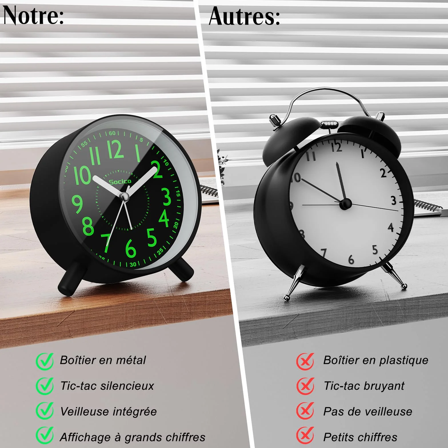 SOCICO Réveil Analogique Horloge de Chevet Rétro Ronde Métal Piles Veilleuse Fonction Snooze Noir