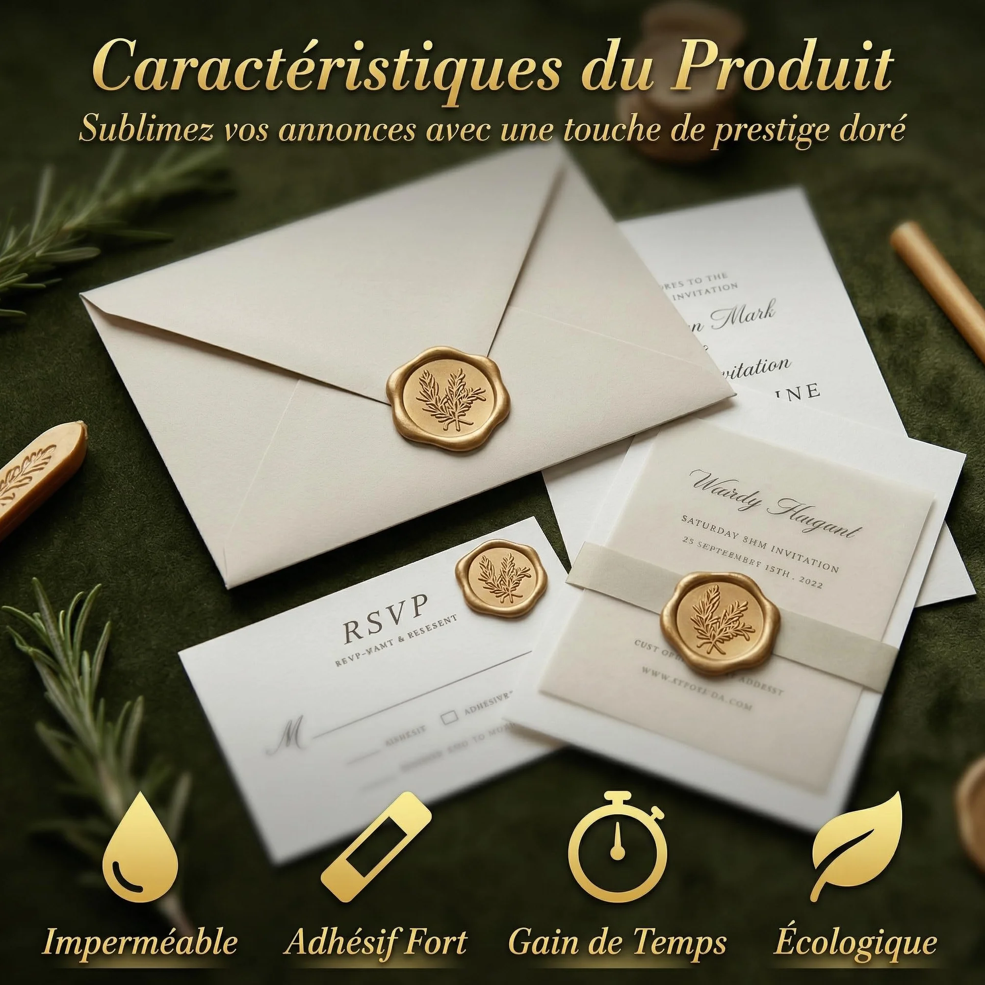 Sceau de Cire Doré Adhésif Fort, 50 Pièces Cachet de Cire Autocollant pour Enveloppe Invitation Mariage