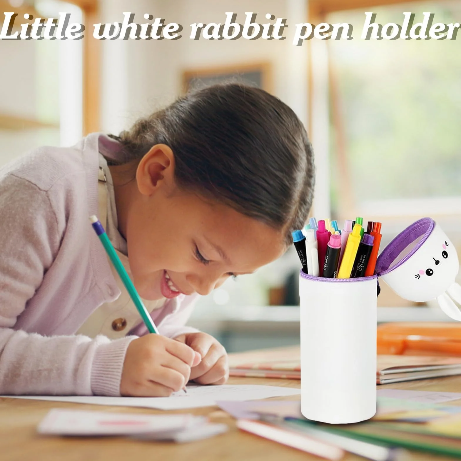 Trousse Ecole Silicone Souple Kawaii Lapin Pochette Stylo Verticale Rétractable Sac Rangement Papeterie