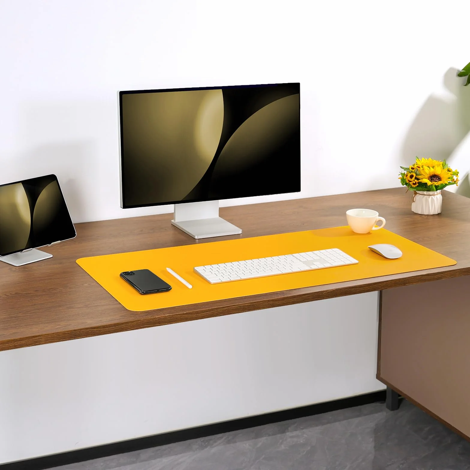 Sous-main Tapis de Bureau Antidérapant Double Face Cuir 43 x 90 cm Gris Jaune