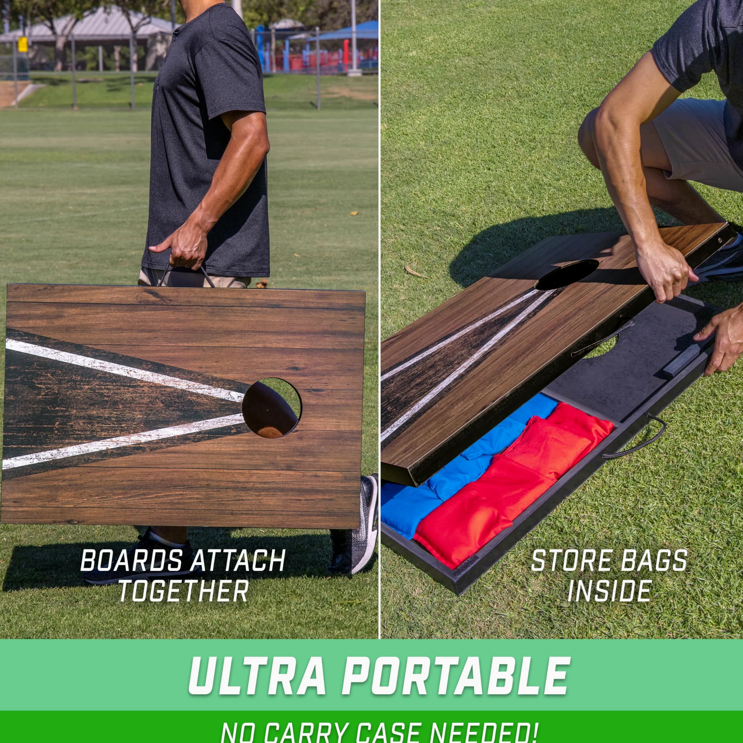 GoSports Jeu de Lancer de Cornhole de 0,9 x 0,6 m – Jeu de Lancer d'extérieur Portable pour Adultes et Famille – Comprend Un Lot de 8 poufs avec Rangement intégré – Choisissez Votre Style