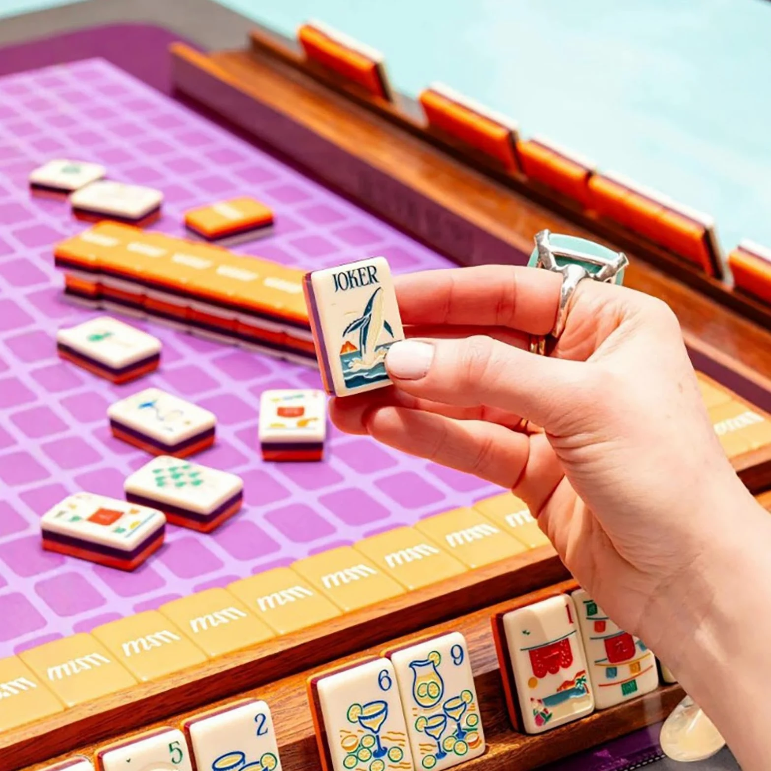 Ensemble de Mahjong américain, tuiles Tropicales numérotées avec Supports | Ensemble de Mahjong en acrylique, 1,5x1x0,5 en jeu de fête