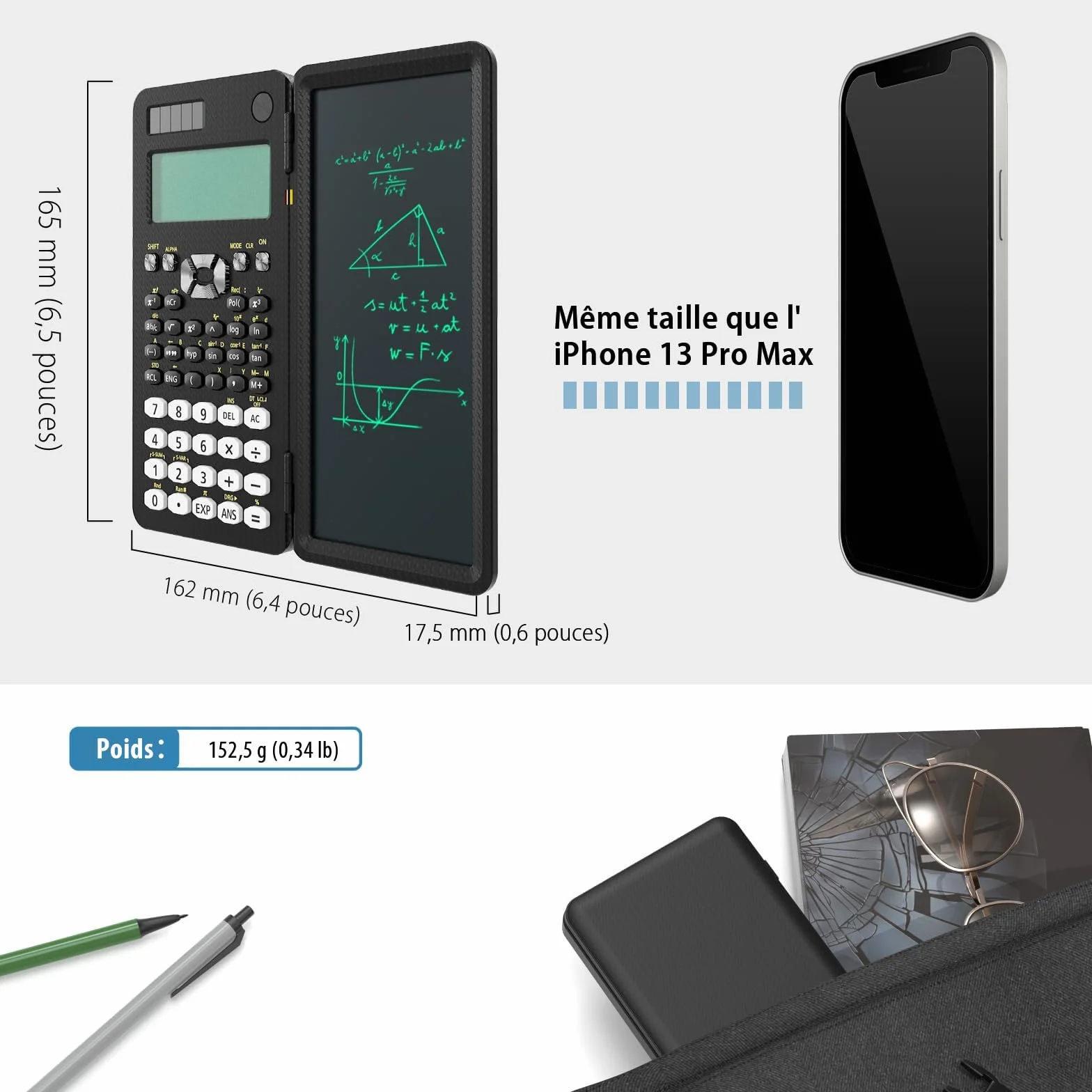 Calculatrice scientifique ROATEE 82MS Plus avec tablette d'écriture LCD effaçable, double alimentation solaire et batterie