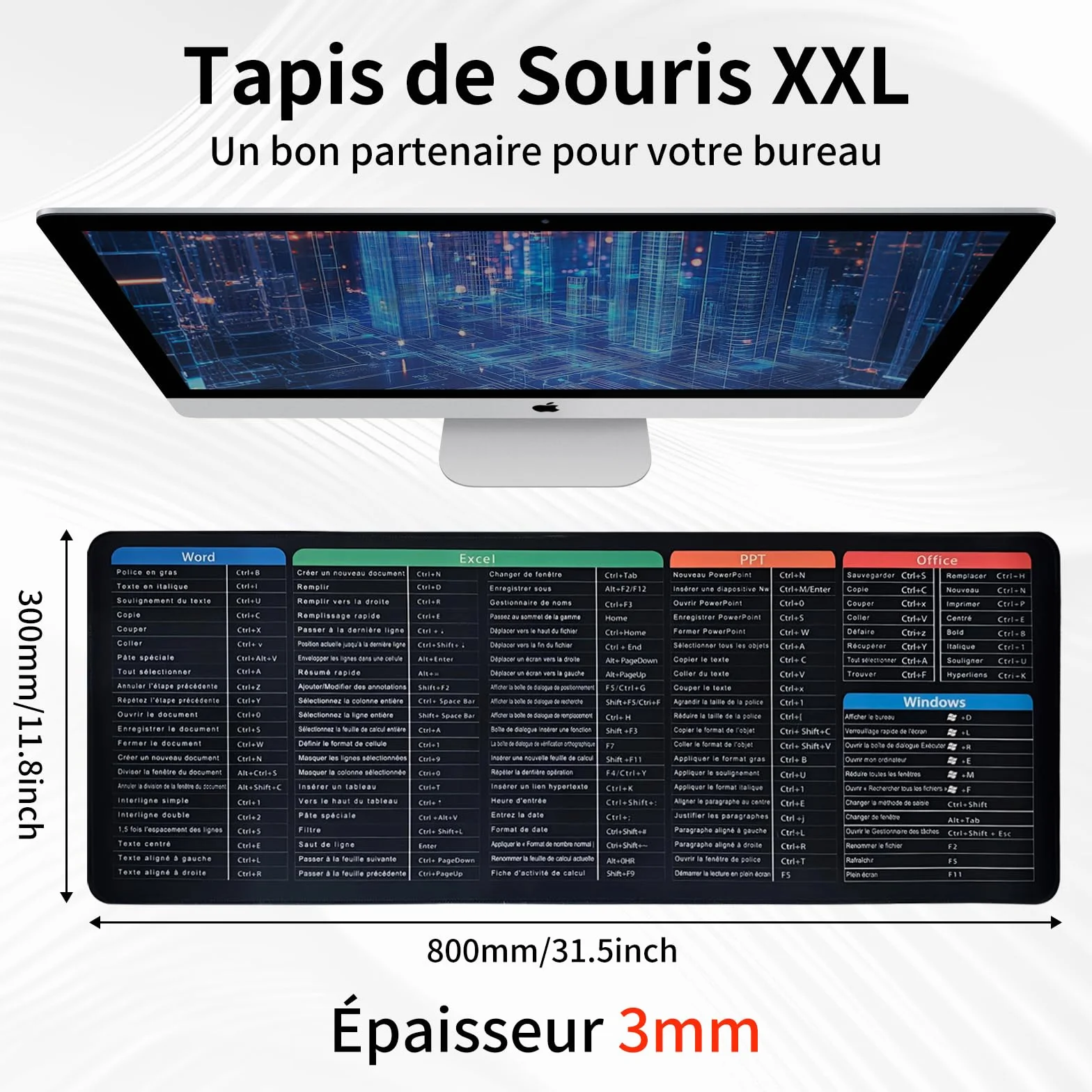 Tapis de Souris Raccourcis Excel 800x300 mm, Tapis de Bureau Étendu Formules et Raccourcis Clavier