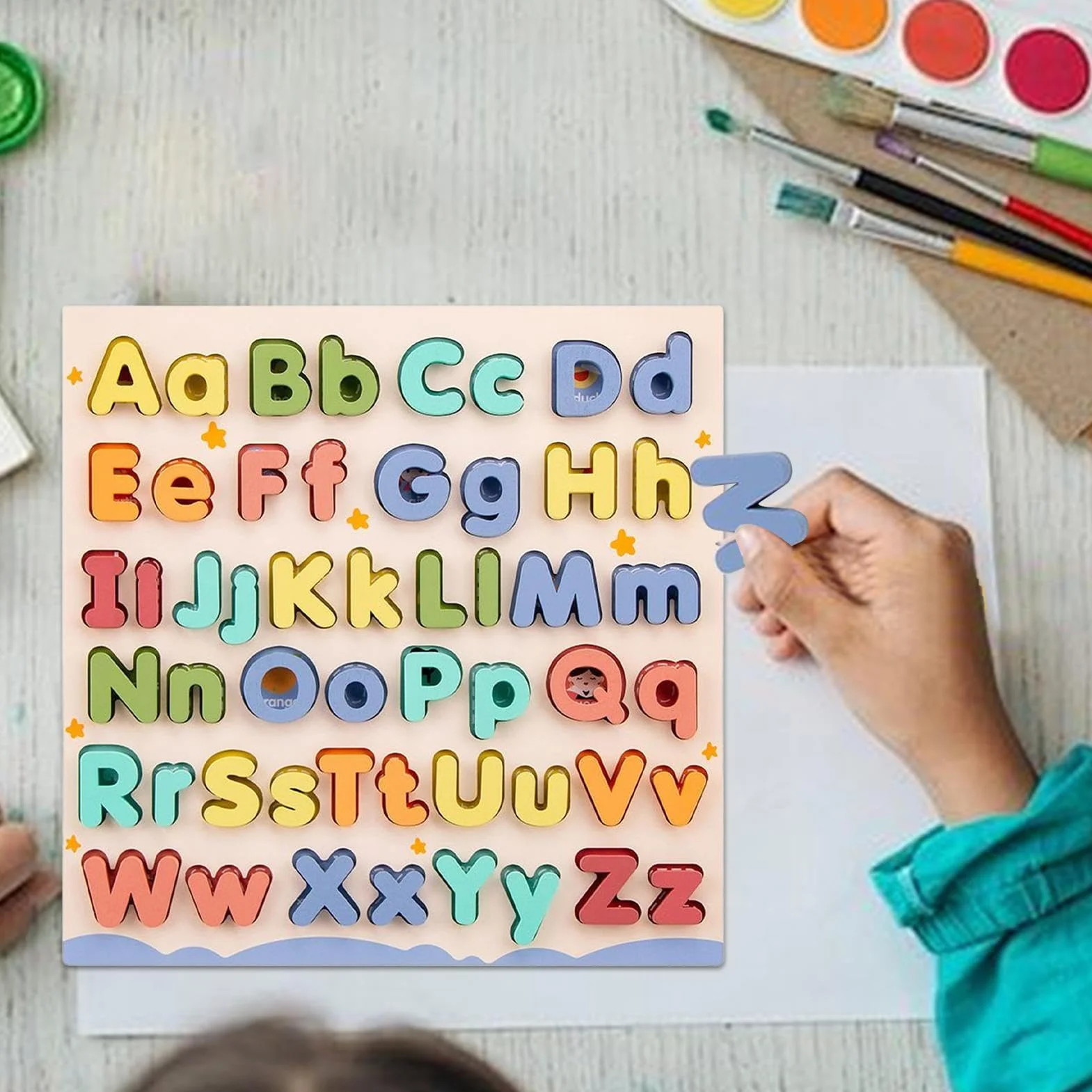 Puzzle Alphabet en Bois Montessori Jouet Éducatif Préscolaire Tableau Lettres Majuscules et Minuscules