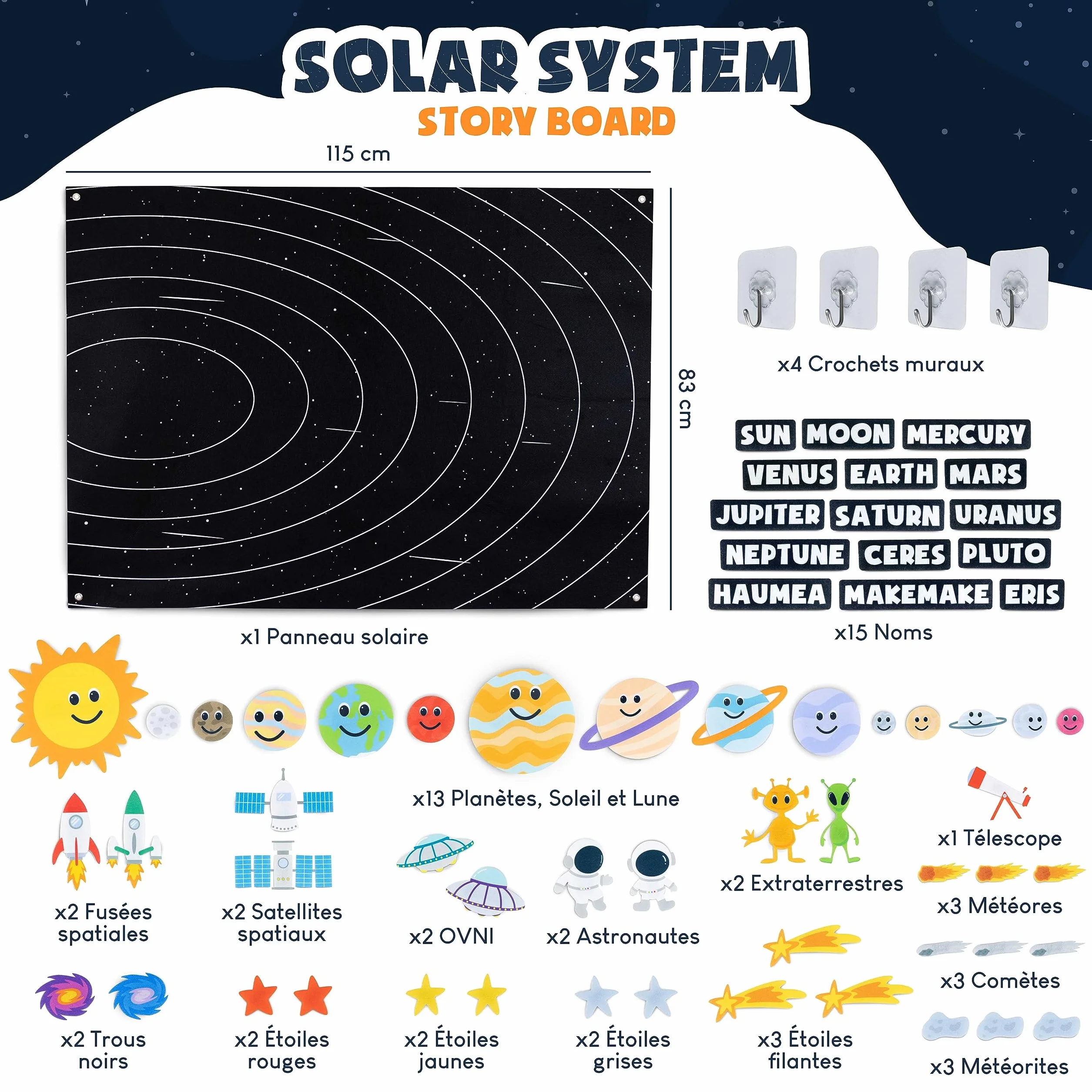 BONNYCO Systeme Solaire Enfant 61 Figurines Feutre Planetes Jouet Montessori Educatif Cadeau Garcon Espace 3 4 5 6 7 8 Ans