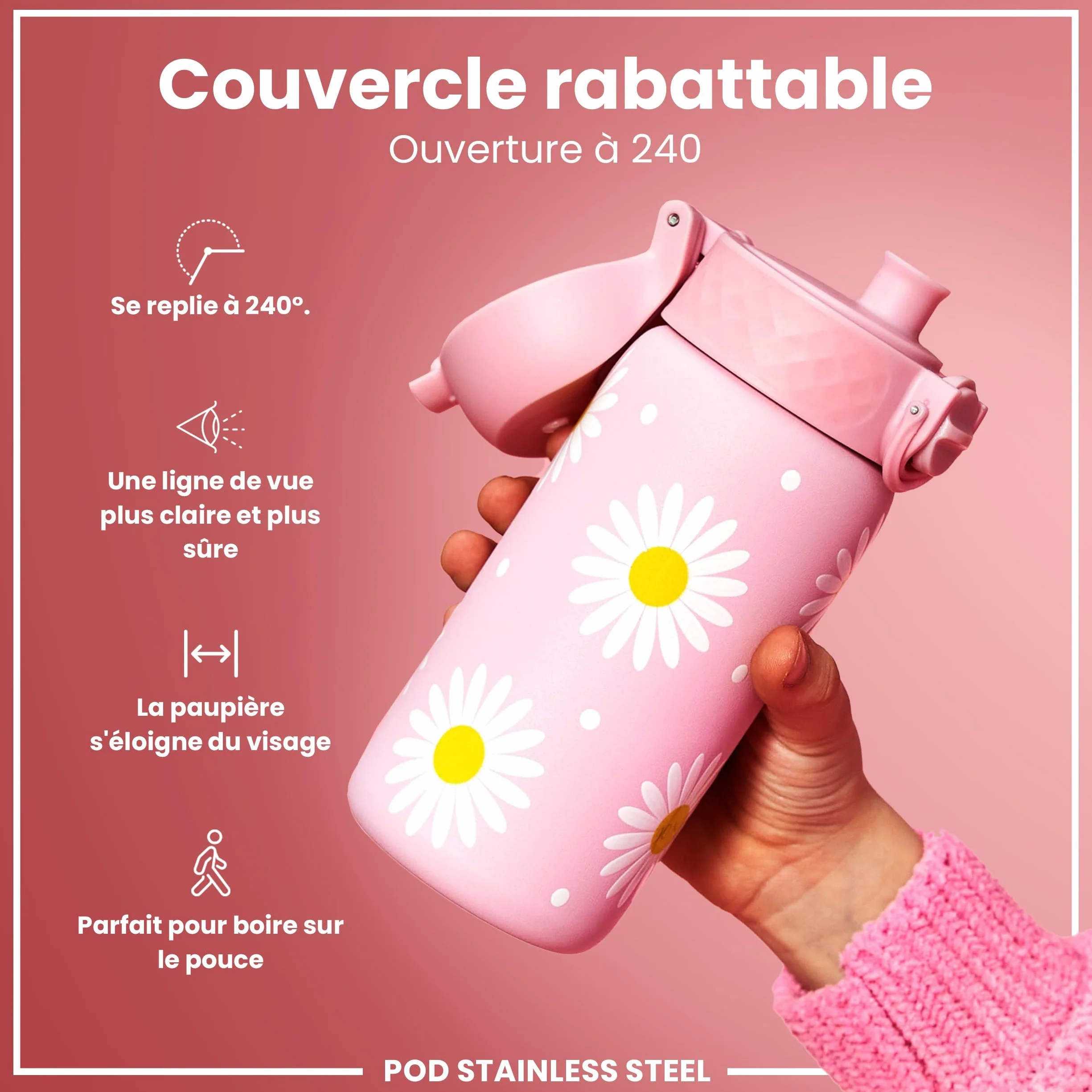Ion8 Gourde Enfant Inox 400ml Anti-Fuite Verrouillage Sécurisé Lavable Lave-Vaisselle Acier Inoxydable Marguerites