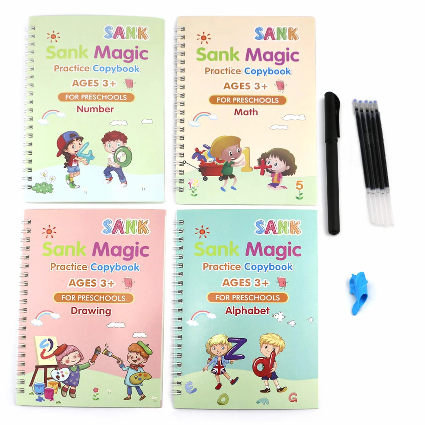 Cahier de calligraphie réutilisable 4 pièces pour enfants, pratique d'écriture magique
