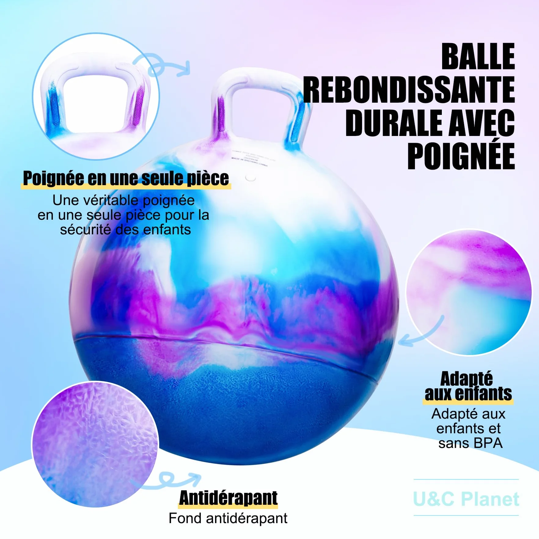 U&C Planet Ballon Sauteur Gonflable 45 cm pour Enfants 100 KG Jouet 3-6 Ans