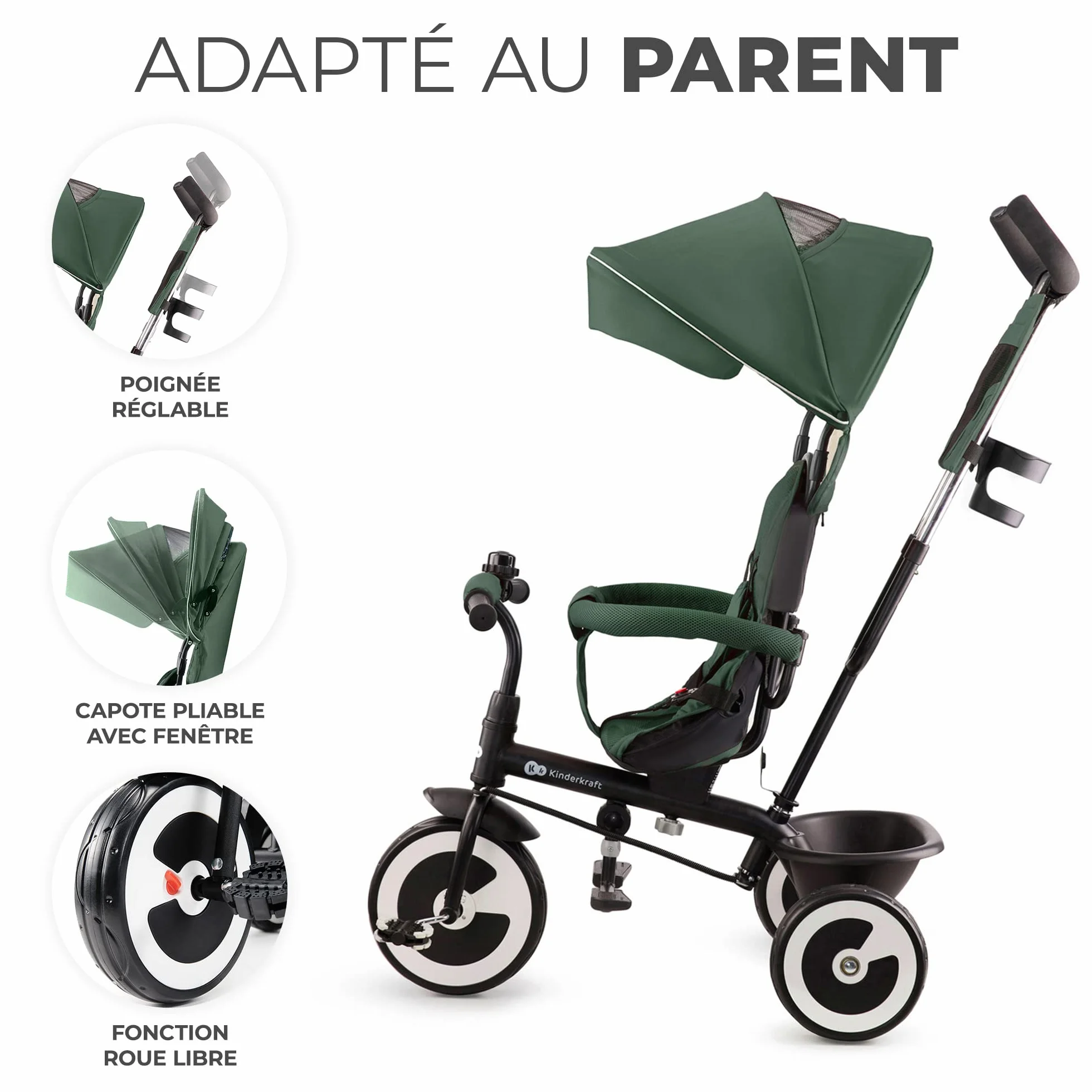 Kinderkraft Aston Tricycle Évolutif Bébé, Draisienne, Trike, Velo Poussette, Enfant 5 Ans, 9 Mois, Compact, Capote Pliante, Vert