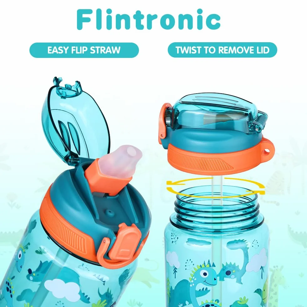 Flintronic 600ML Gourde Enfant avec Paille, Bouteille Enfant avec Poignée, Anti-Fuite, sans BPA Tritan pour l'école Sport (Vert-Dinosaures)