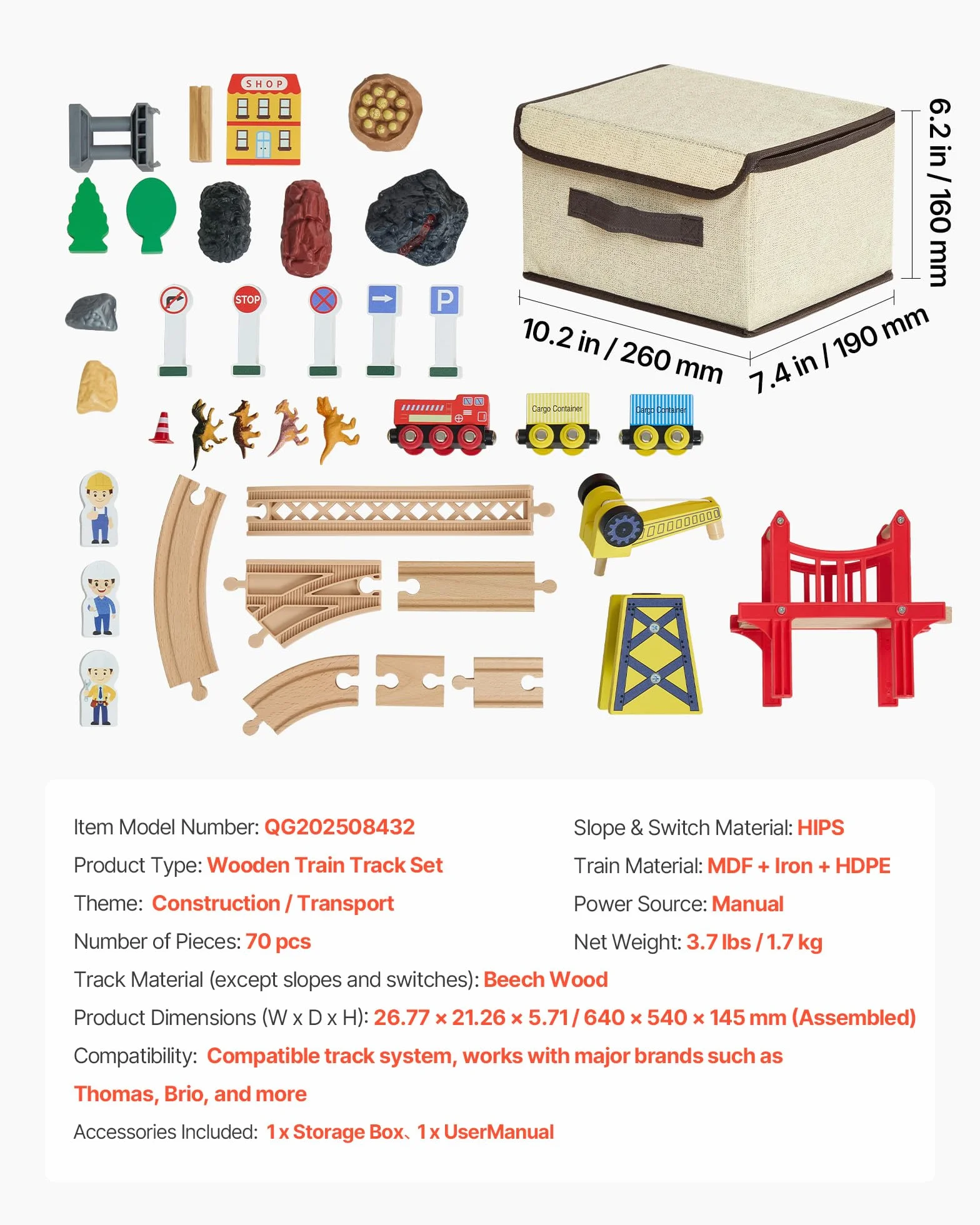 VEVOR Circuit de Train Bois Enfants 70 PCS Ensemble Rails, avec Grue Magnétique, Compatible Grandes Marques