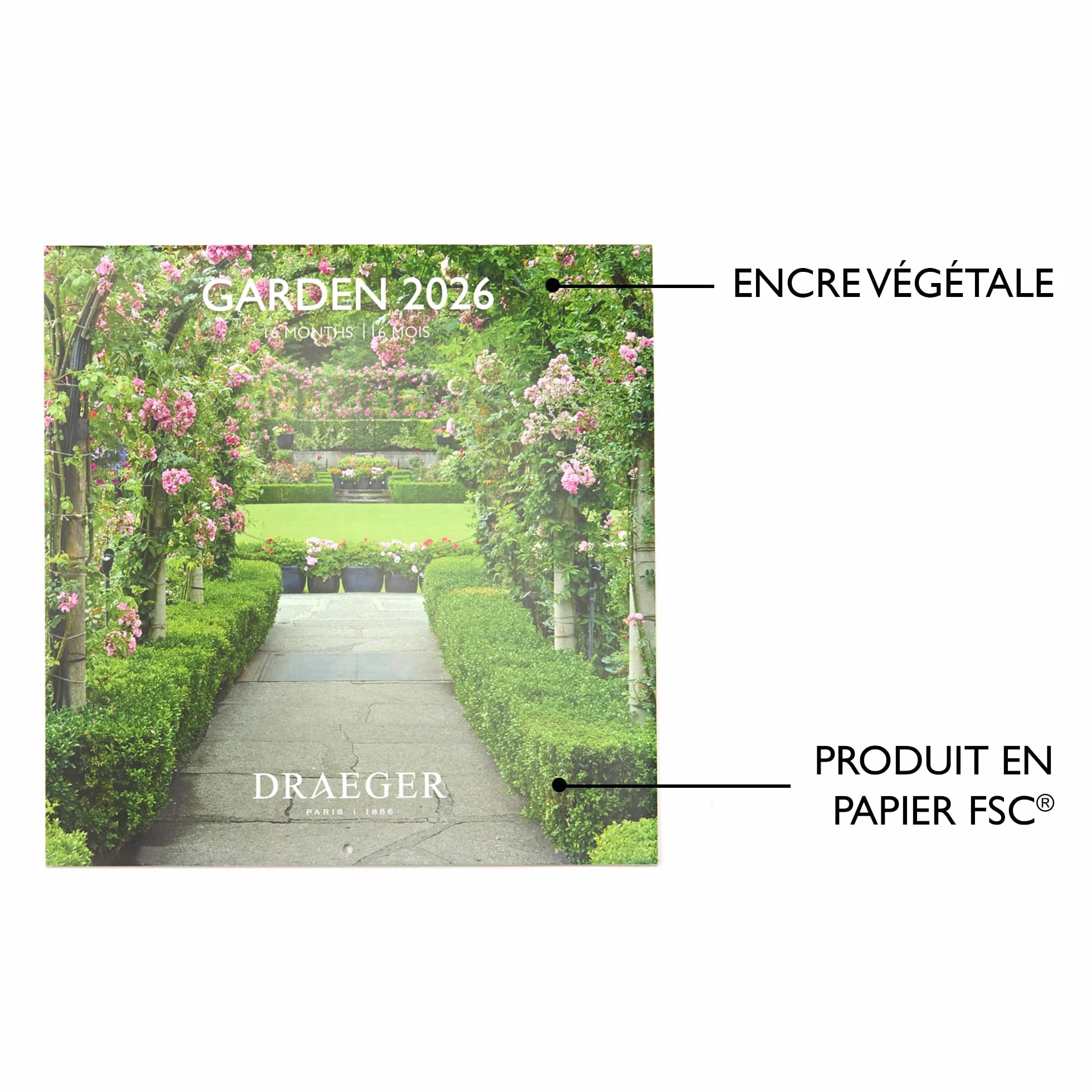 DRAEGER PARIS 1886 Grand Calendrier mural 28x29 cm 2026 Thème Jardin 12 mois Papier FSC