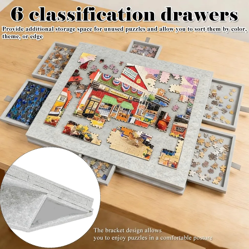 Table de puzzle inclinable pour 1000 pièces, en feutre léger avec 6 tiroirs de tri, portable, avec support et couvercle réglables, gris argenté