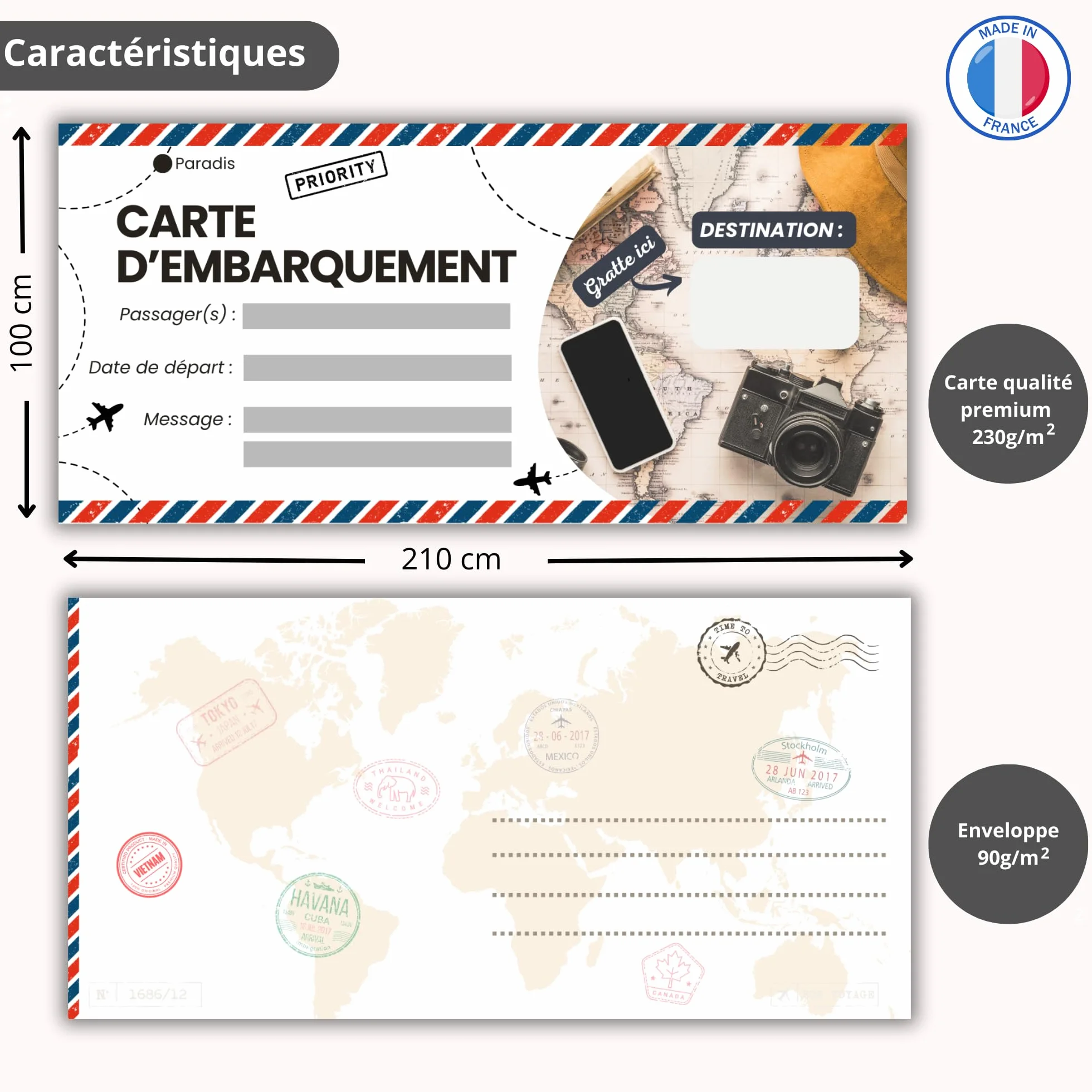 Carte à Gratter Voyage Surprise Personnalisable en Français - Billet d'Avion Annonce Cadeau Anniversaire Noël EVJF EVG - Pack de 2