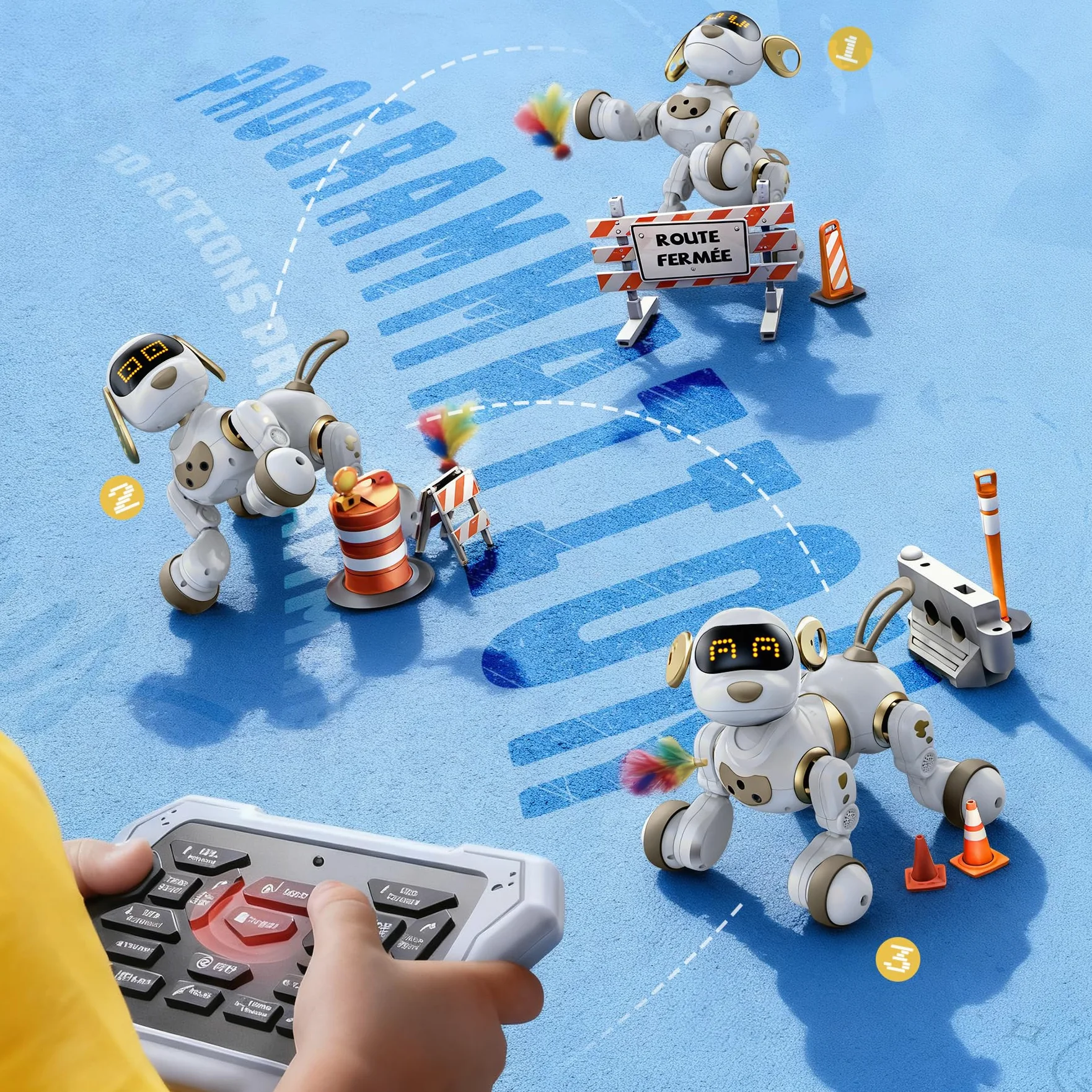 Ruko 18011 Chien Robot Intelligent Interactif avec Visages LED, Blanc Or | 50 mouvements programmables, contrôle gestuel et télécommande 2.4GHz, détection d’obstacles, jeu interactif, jouet dès 3 ans