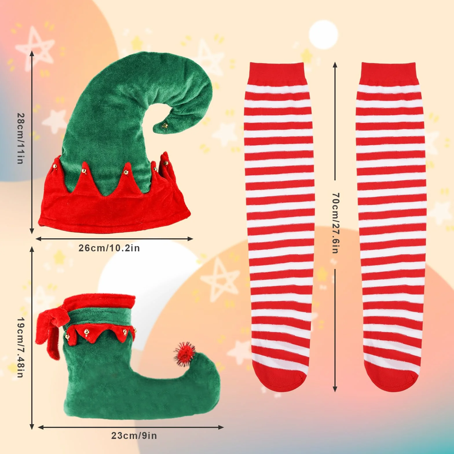 Ensembles de Costume Elfe de Noël avec Chapeau, Chaussettes Rayées et Chaussures Cloche