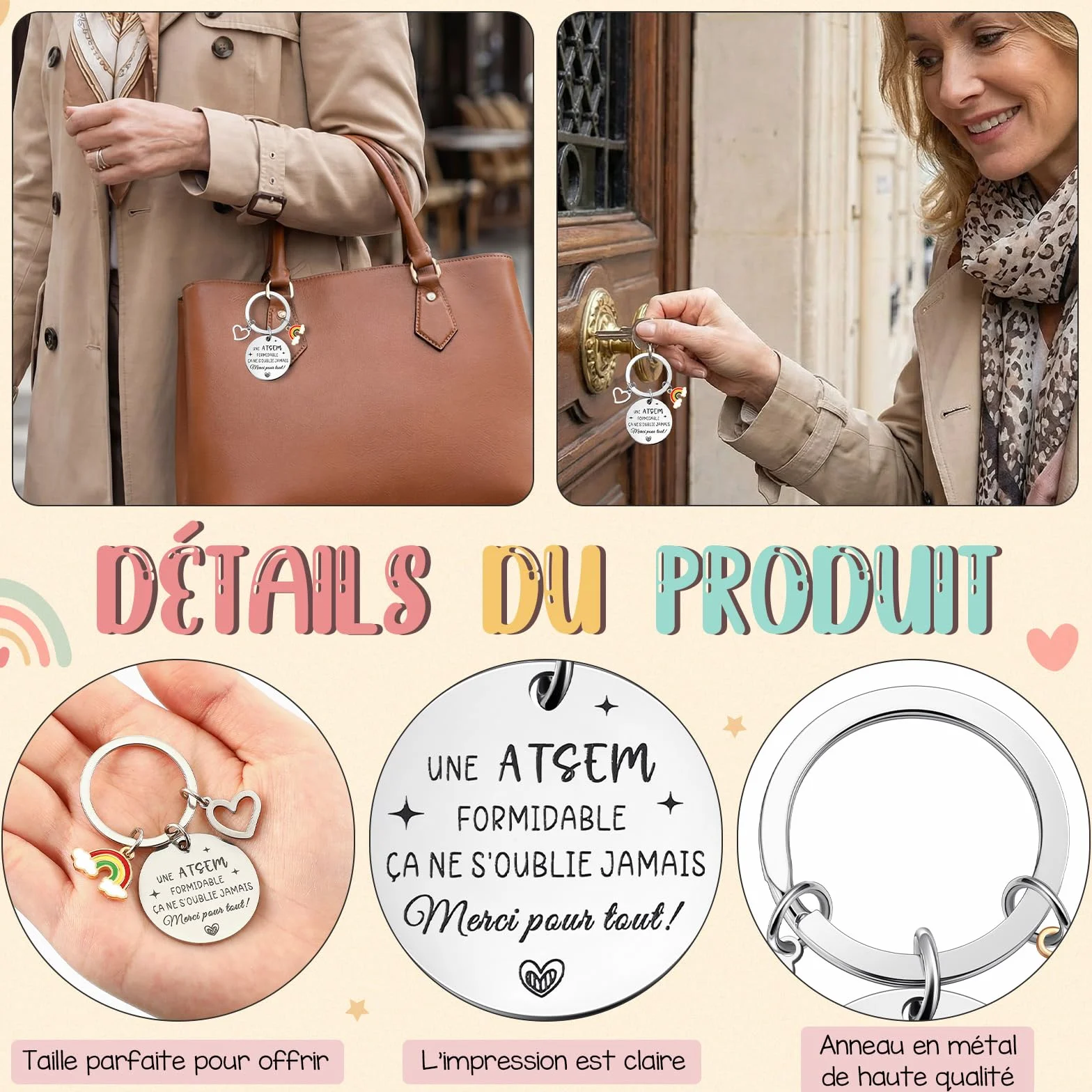 Coffret Cadeau ATSEM 3 Pièces Trousse de Maquillage Porte-Clés Stylo à Bille