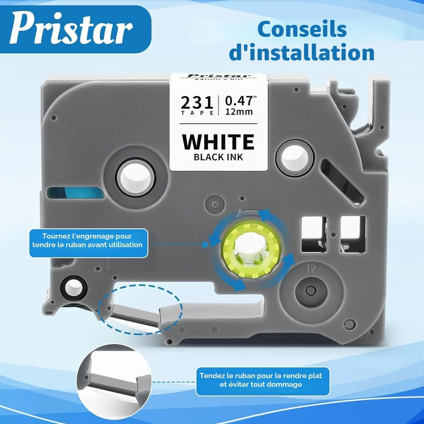 Pristar Brother TZe-231 TZ231 TZ-231 Tze Noir sur Blanc Laminé Cassette 12mm