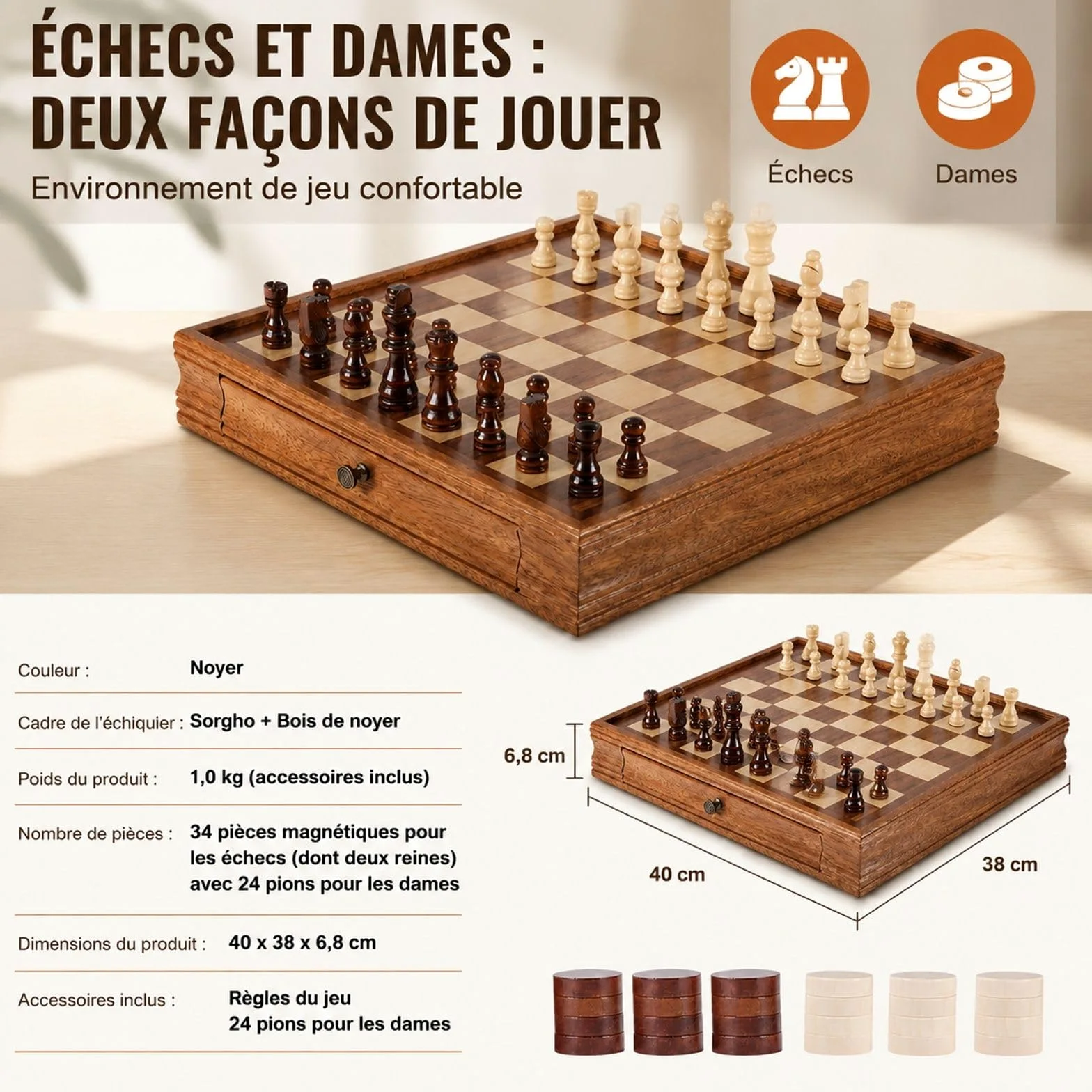 Jeu d'échecs et de Dames 2 en 1 en Bois avec tiroir de Rangement, pièces lestées et 2 Reines
