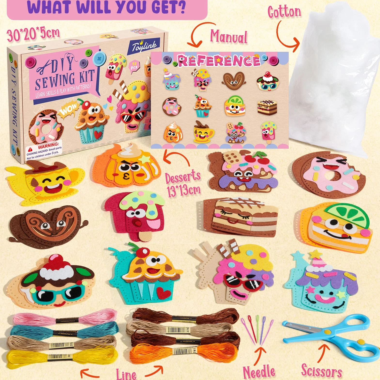 TUZT Kit Couture Enfant 12 DIY Desserts Bricolage avec Couture en Feutre & Aiguilles Plastique Loisir Créatif Jouet Cadeau pour Garçon Fille 5-10 Ans
