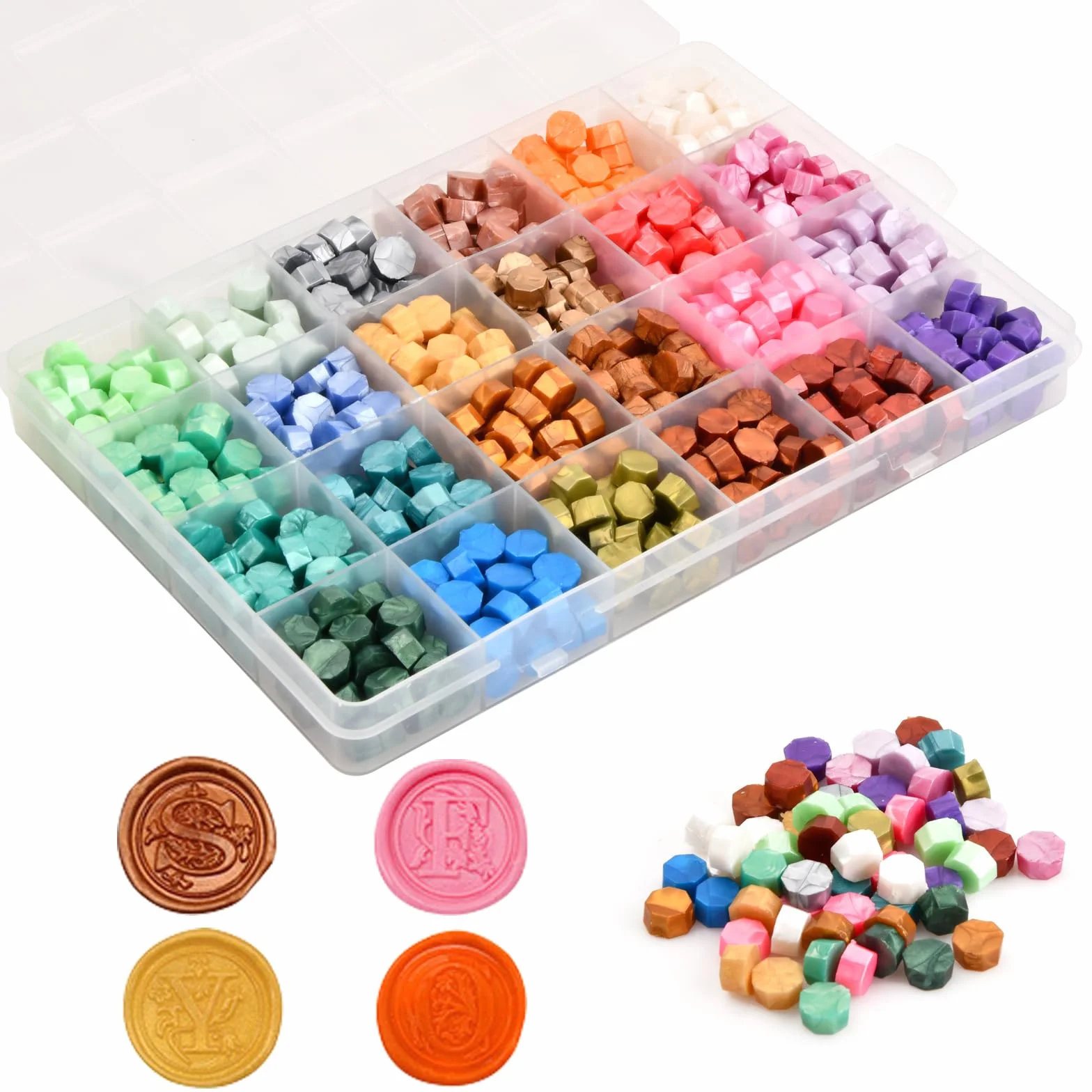 Kit de Perles de Cire à Cacheter Octogonale 600 Pcs, 24 Couleurs avec Boîte Transparente