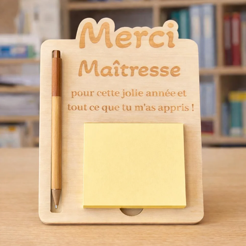 Support Post-it Personnalisé en Bois avec Stylo – Cadeau Maîtresse Fin d’Année Scolaire – Support Bureau avec Bloc de Post-it