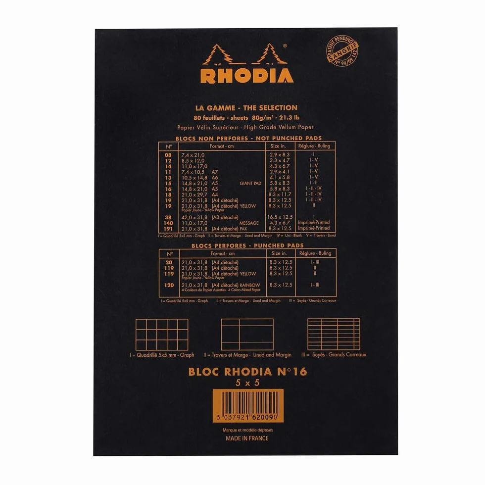 Rhodia Bloc-Notes Agrafé N°16 A5 14,8 x 21 cm Petits Carreaux 80 Feuillets Papier Clairefontaine 80 g/m² Couverture Souple