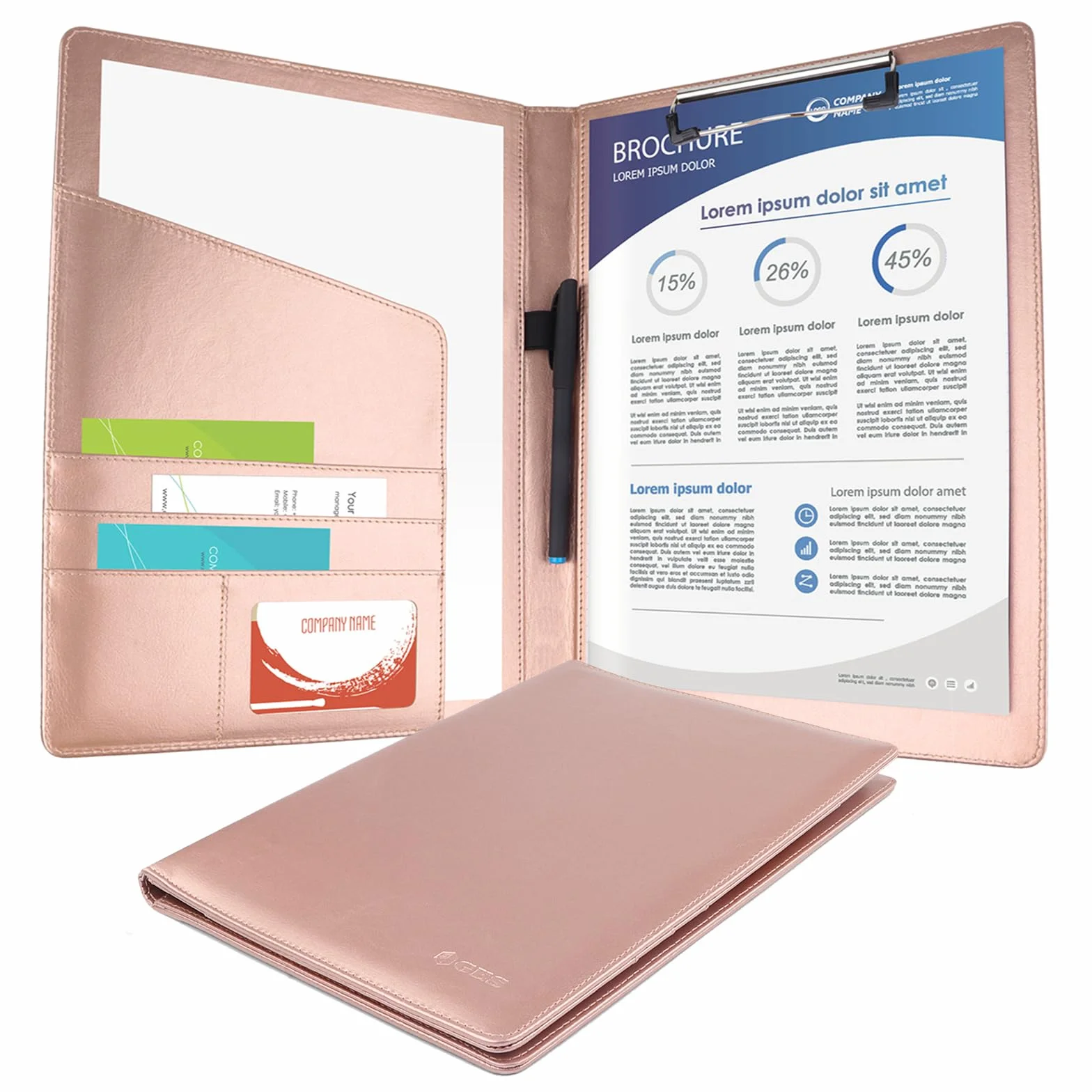 Porte-documents GES A4 en cuir avec pince-notes pour CV entreprise école bureau conférence (Or rose)