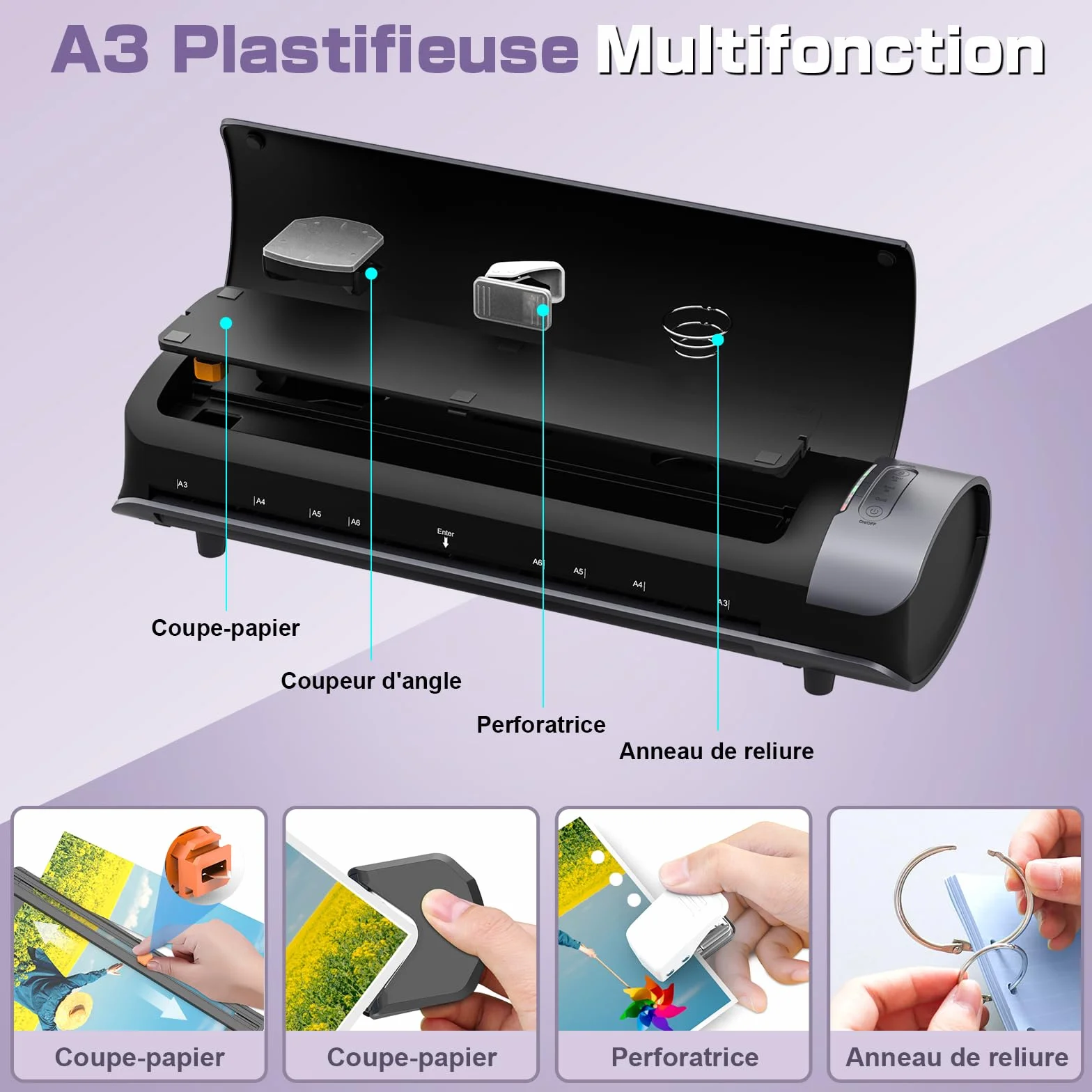 Orthland Plastifieuse A3, Machine à Plastifier 9 en 1 Thermique et Froid avec Pochettes A3 A4 A5 A6, Papier Massicot et Arrondisseur