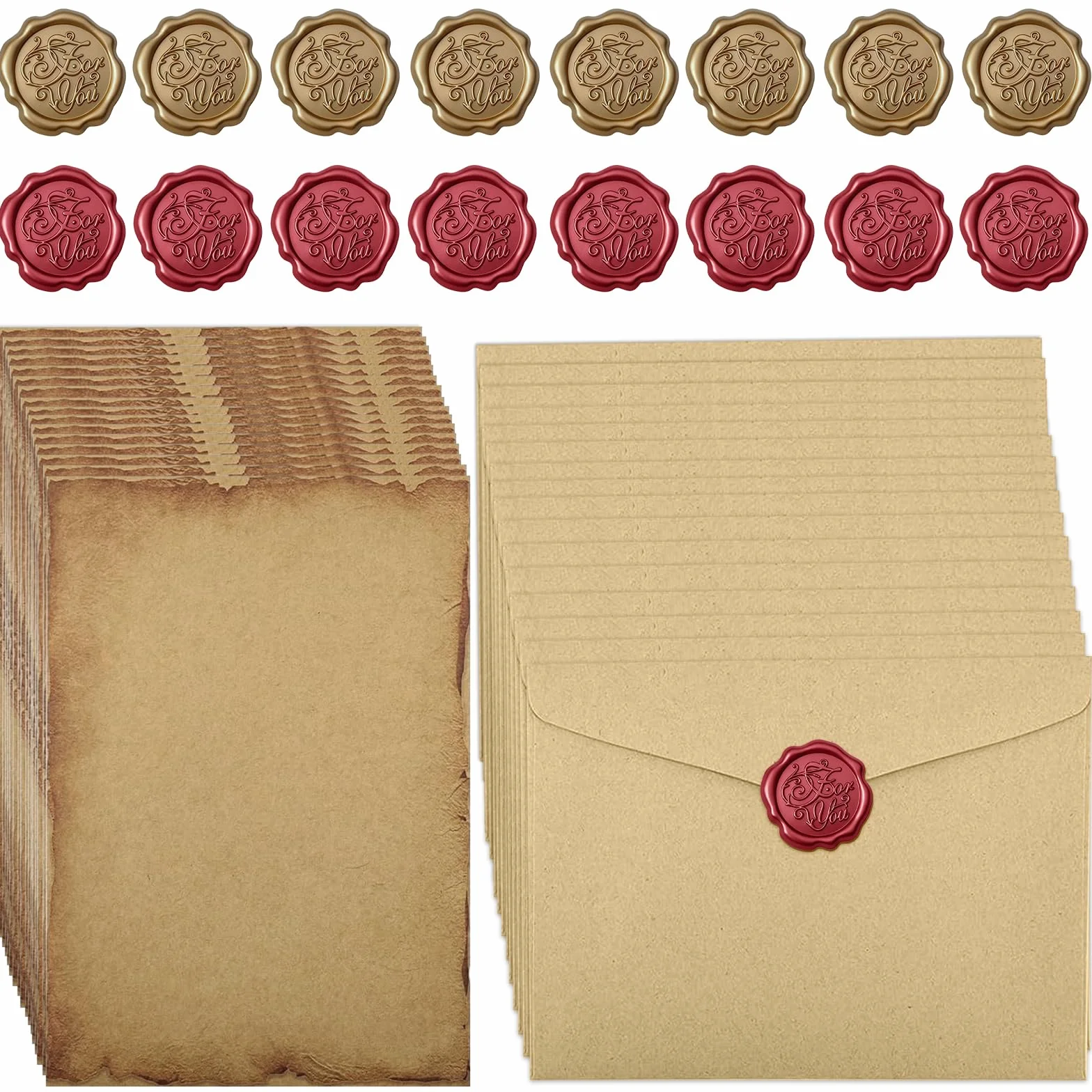 Ensemble de Papeterie Vintage 16 Enveloppes Papier Kraft Lettre Autocollants Sceau Cire Mariage