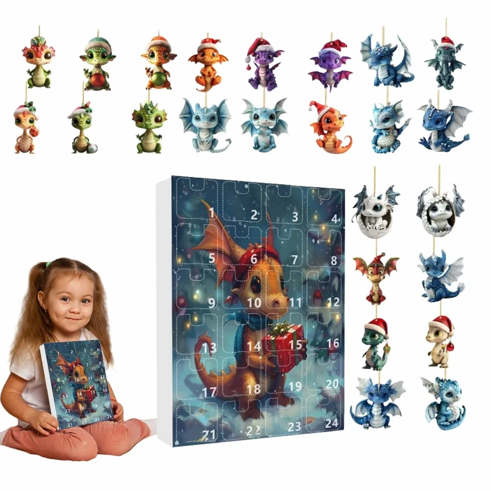 Calendriers de l'Avent 24 Jours Dragon Décorations Suspendables Pendentif Collectionnable pour Adolescents Décoration d'Intérieur Sapin de Noël