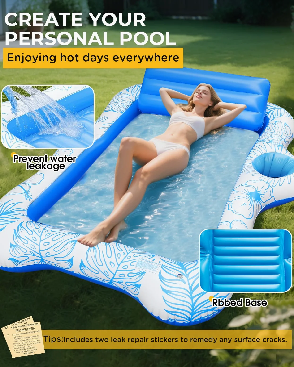 Matelas Gonflable Piscine Adulte, 180x120cm Tanning Pool Piscine de Bronzage avec Double Porte-Gobelets et Tête-Intégrée, Pour Bain de Soleil, Plage, Jardin, Fête, Été, Matelas de Bronzage Confortable