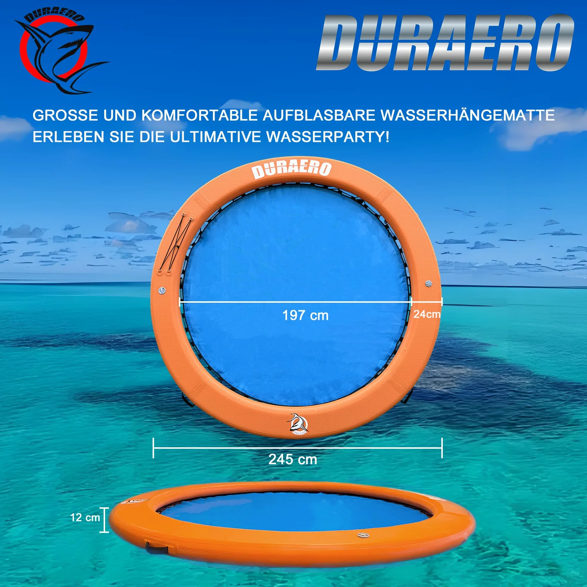 Hamac Gonflable d’Eau Ø245 x 10 cm, Grande bouée Ronde Piscine et lac, îlot Flottant pour 2–6 Personnes, transat Aquatique, Pompe et Accessoires Inclus