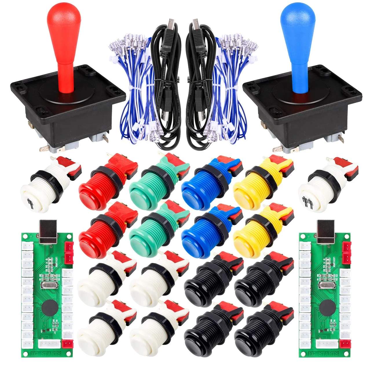 2 Joueur Arcade Jeu Kits DIY Ellipse Ovale Happ Type de joystick poignée + 18x American Style Arcade Boutons poussoir (Inclure 1p / 2p boutons Start) (Couleur Mixte)