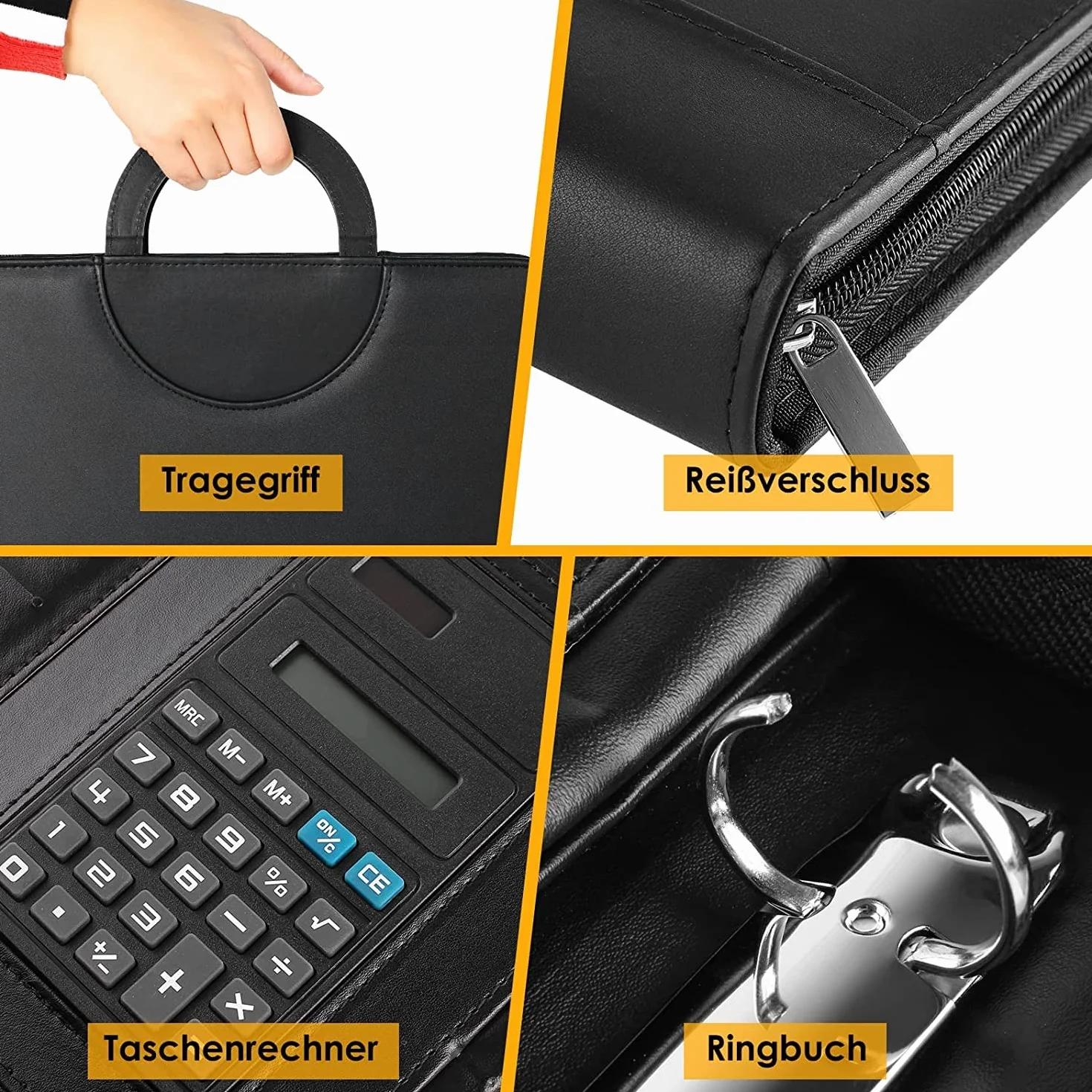 Porte-Document A4 Cuir avec Fermeture Éclair Étanche Classeur à Anneaux Noir