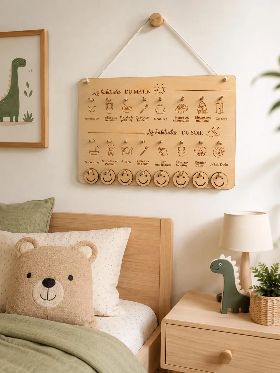 Tableau Routine Enfant Montessori Bois – Planning Journalier Habitudes Quotidiennes Matin Soir – Autonomie Enfant Smileys