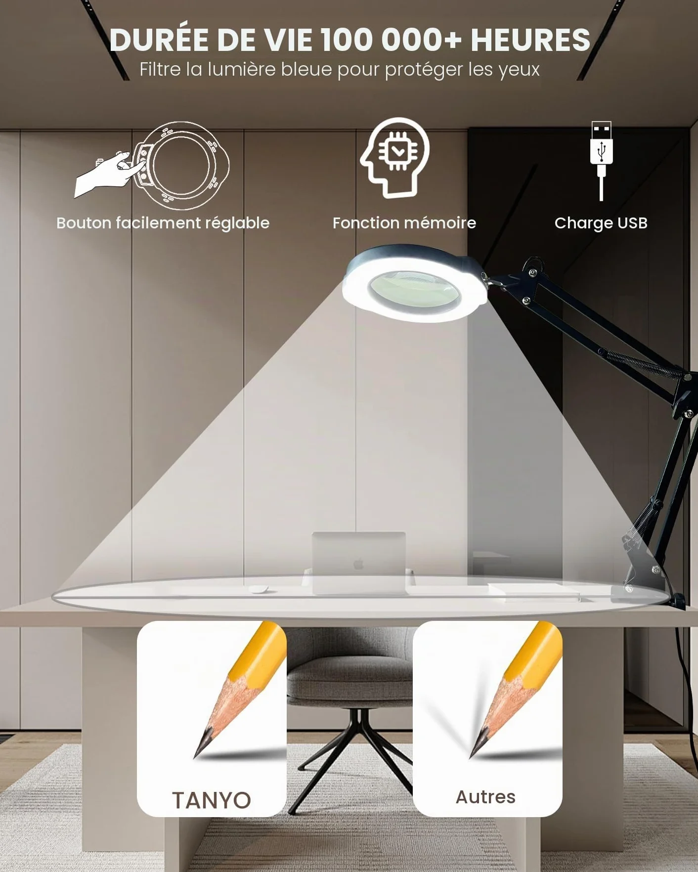 TANYO Lampe Loupe sur Pied 84 LED 5 Températures Couleur 10 Niveaux Luminosité pour Lecture Bijoux Travaux Manuel