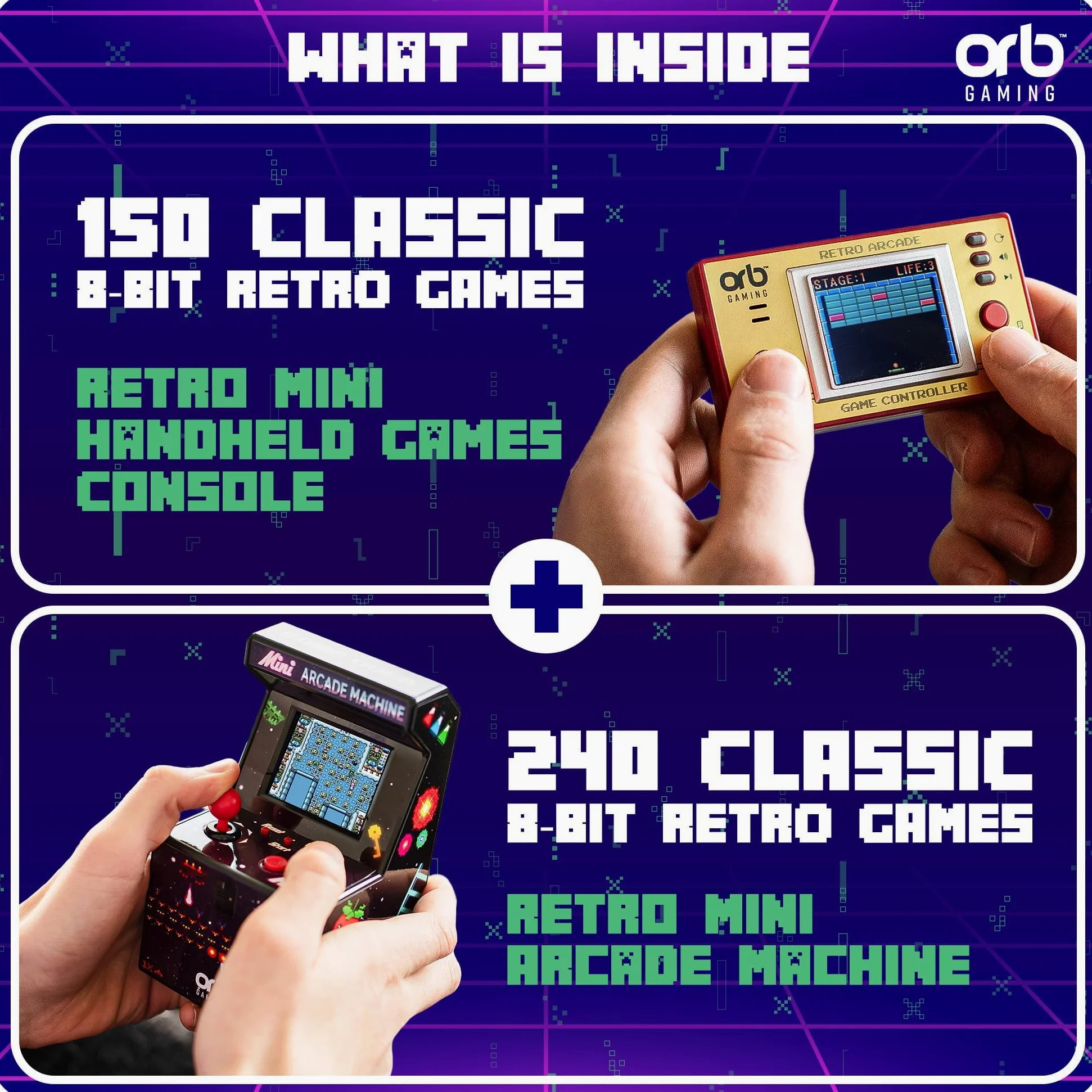 Orb Mini console de jeux portable rétro et ensemble d'arcade – 1 console de jeux intégrée de 150 et 1 x 240 jeux d'arcade intégrés, écran LCD couleur Thumbs Up!