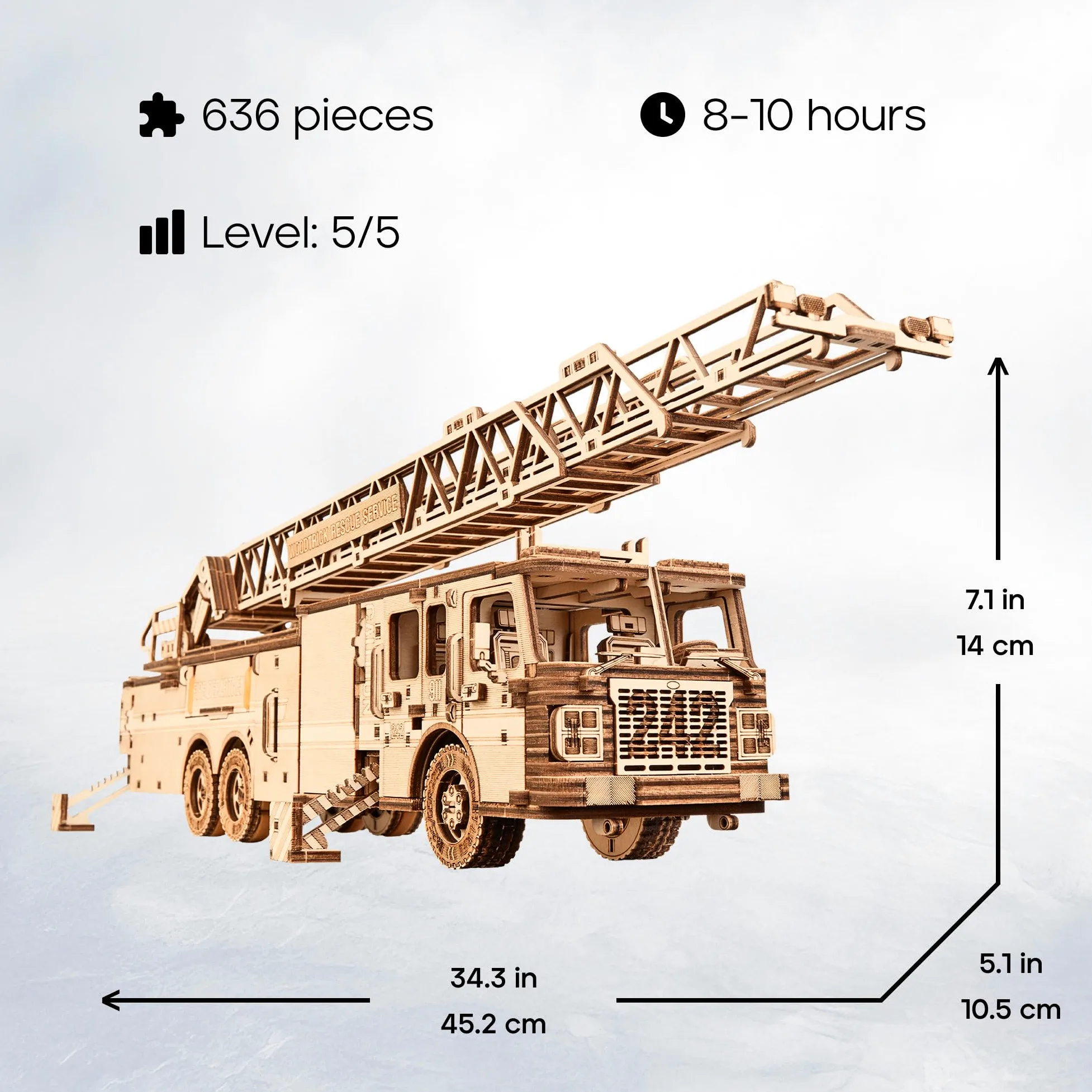 Wood Trick Rescue Firetruck Puzzle 3D en Bois pour Adultes à Construire | [636 Pièces] Roule sur 6,1 m - Kit de Maquette Mécanique de Locomotive en Bois DIY à Construire pour Adultes