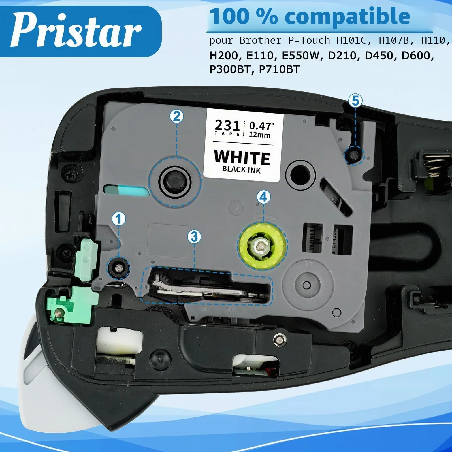 Pristar Brother TZe-231 TZ231 TZ-231 Tze Noir sur Blanc Laminé Cassette 12mm
