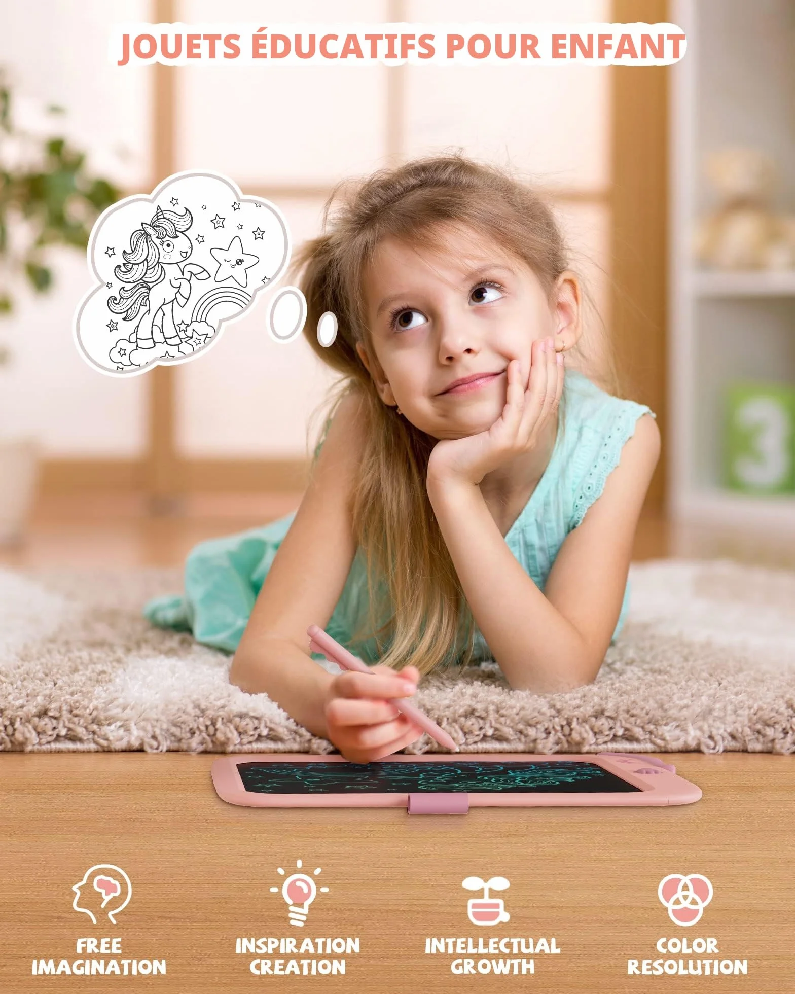 Tablette d'écriture LCD Licorne 10 pouces Doodle Board avec verrouillage jouet éducatif cadeau 3-6 ans Rose